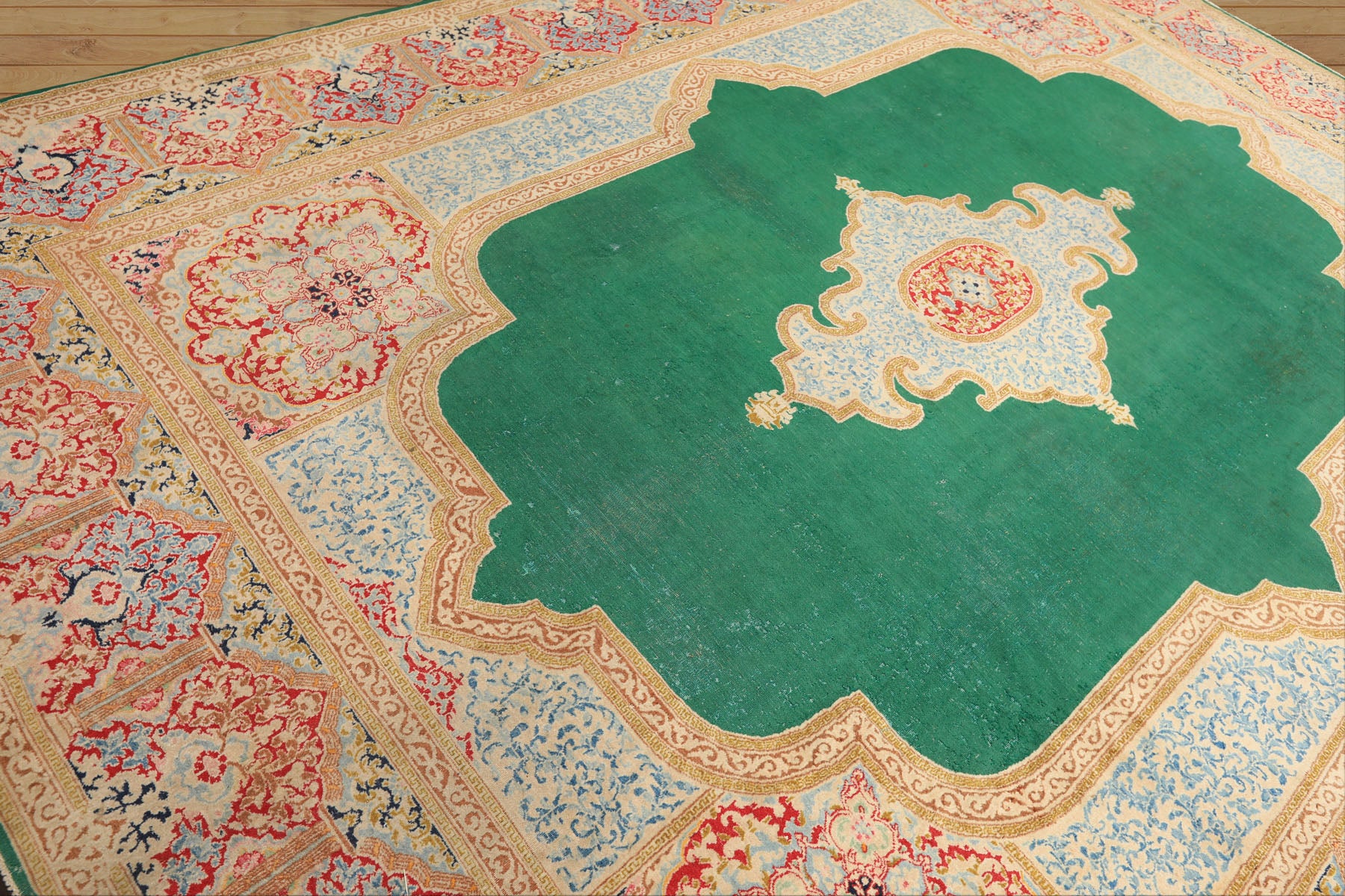 9x12 Green, Ivory, Rose Color Hand Knotted Kerman Wool Traditioal Oriental Rug