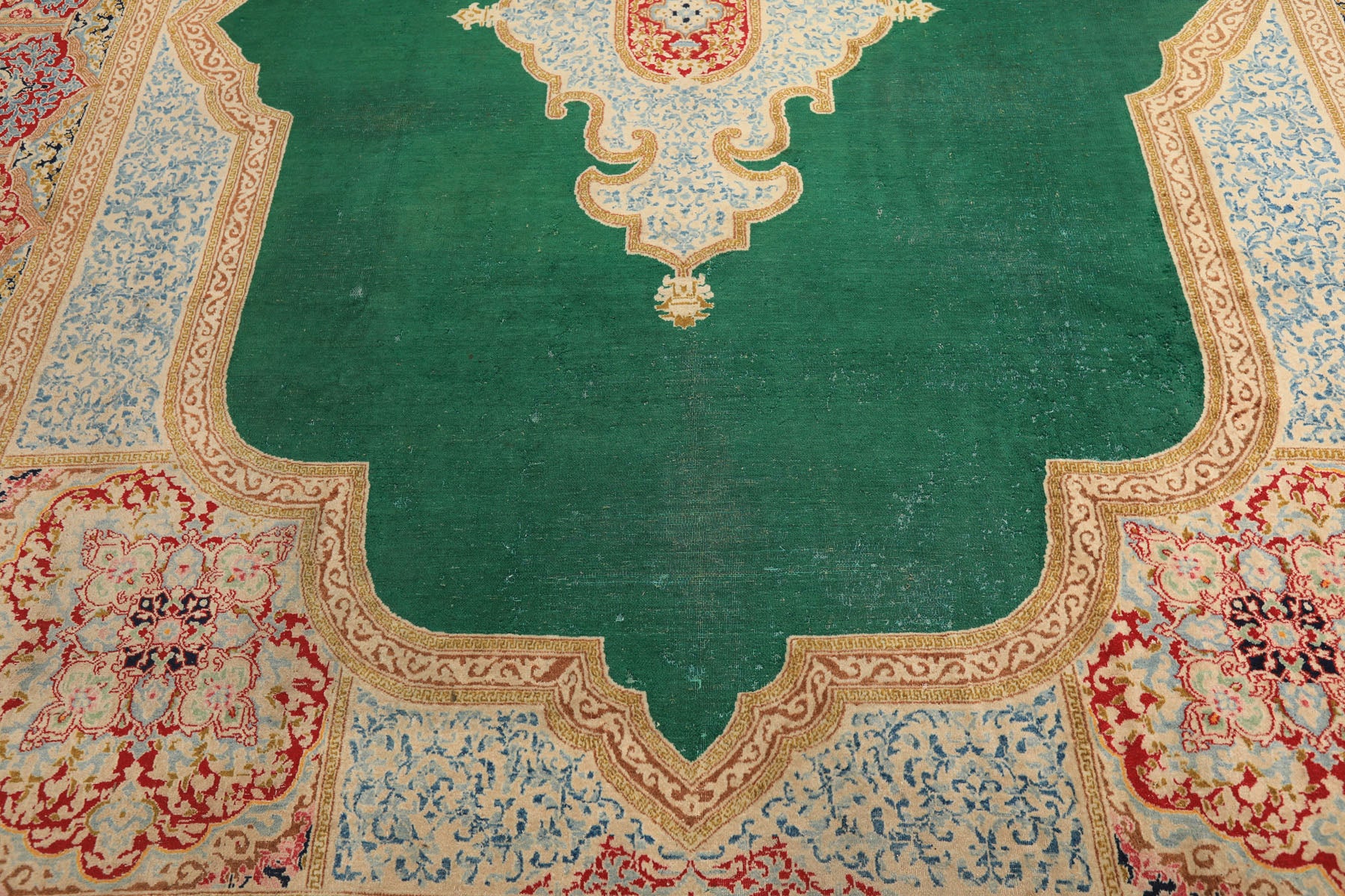 9x12 Green, Ivory, Rose Color Hand Knotted Kerman Wool Traditioal Oriental Rug