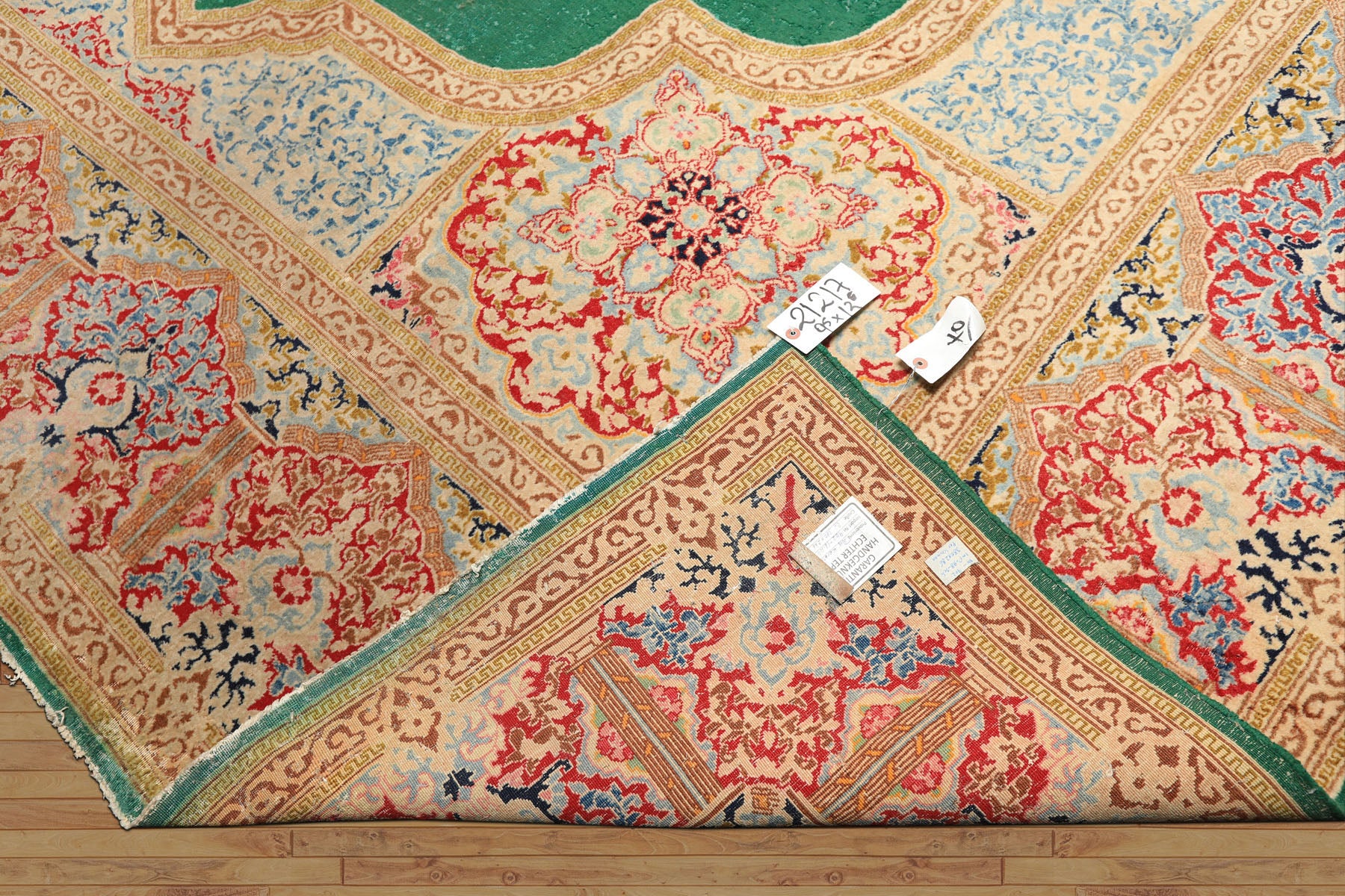 9x12 Green, Ivory, Rose Color Hand Knotted Kerman Wool Traditioal Oriental Rug