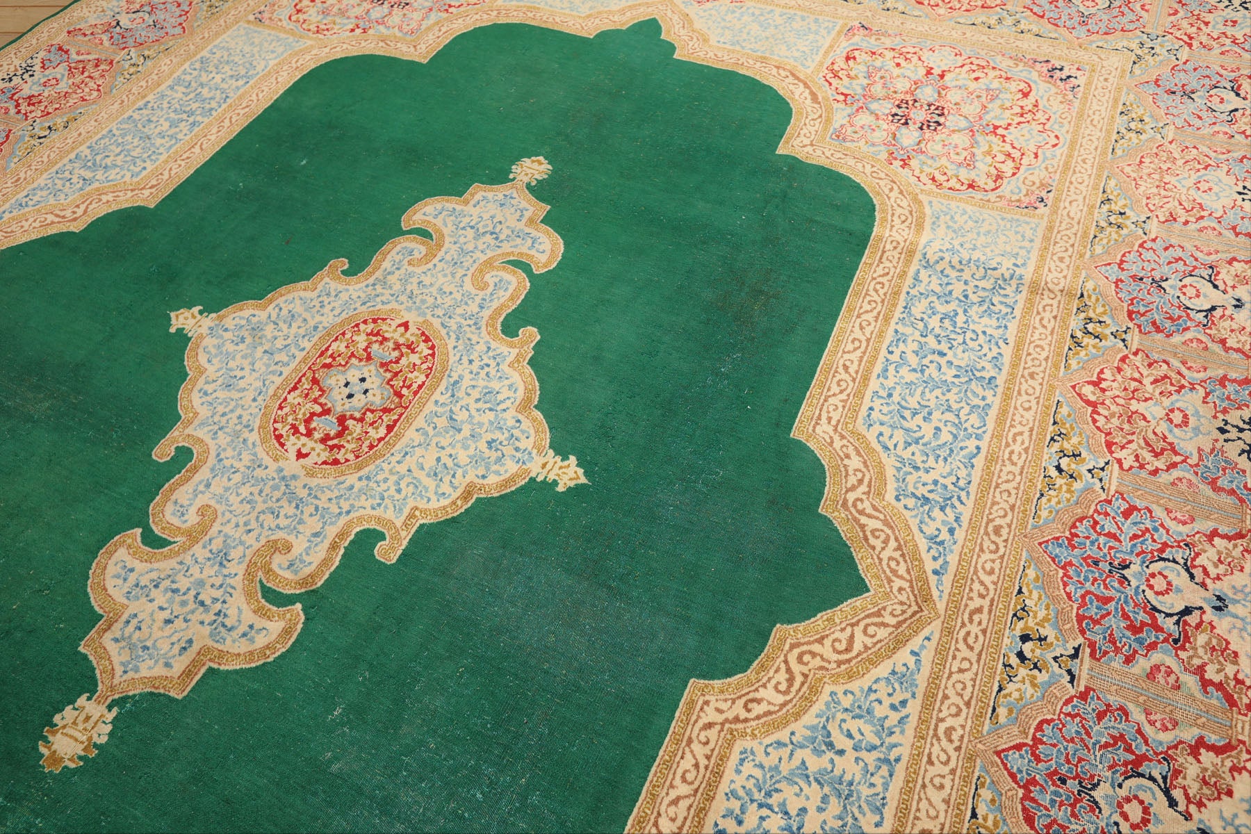 9x12 Green, Ivory, Rose Color Hand Knotted Kerman Wool Traditioal Oriental Rug