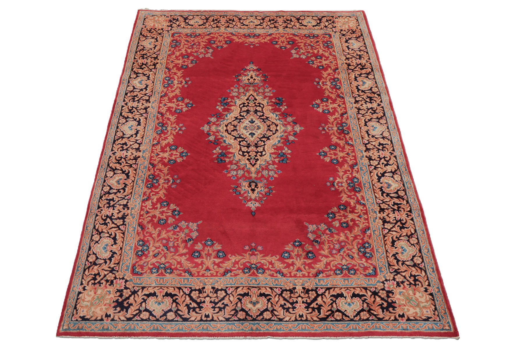7x10 Red, Navy, Aqua Color Hand Knotted Kerman Wool Traditional Oriental Rug