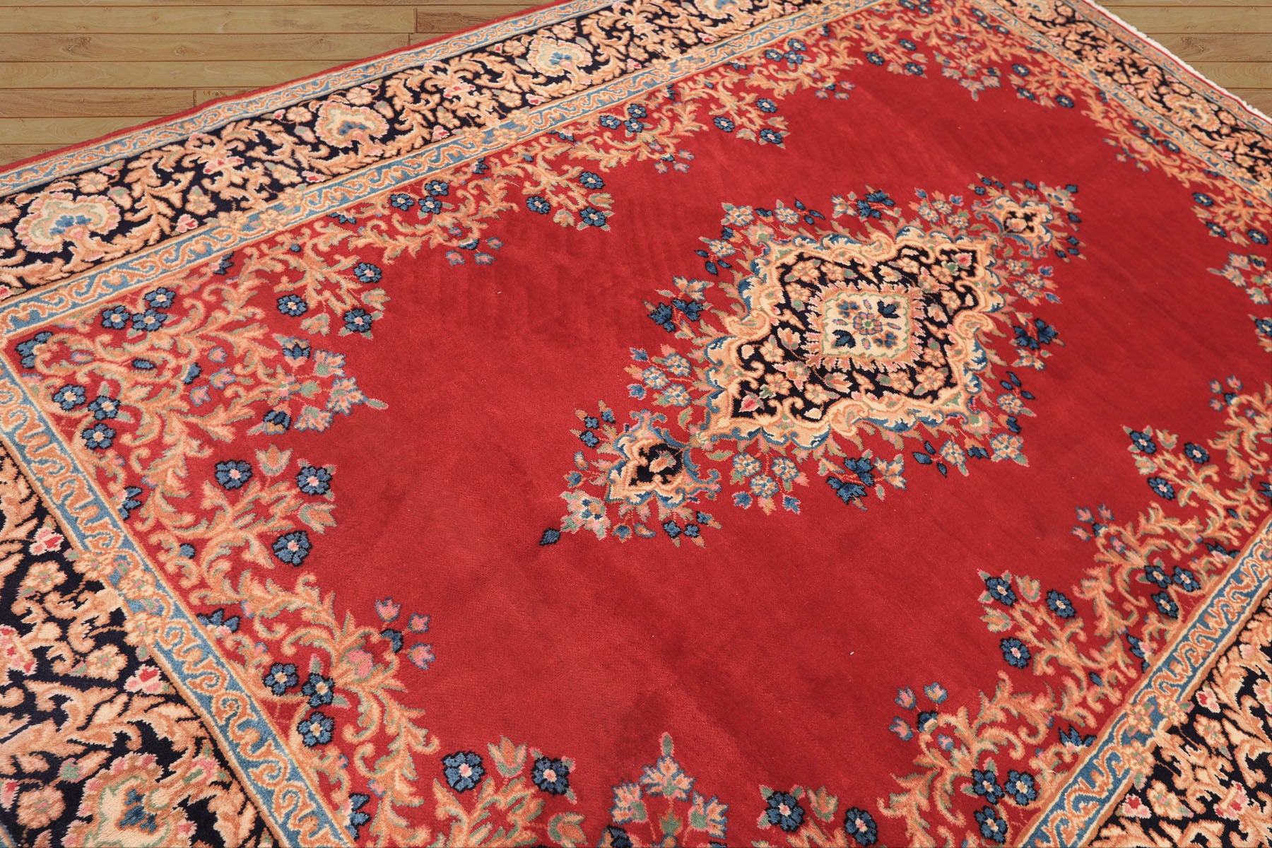 7x10 Red, Navy, Aqua Color Hand Knotted Kerman Wool Traditional Oriental Rug