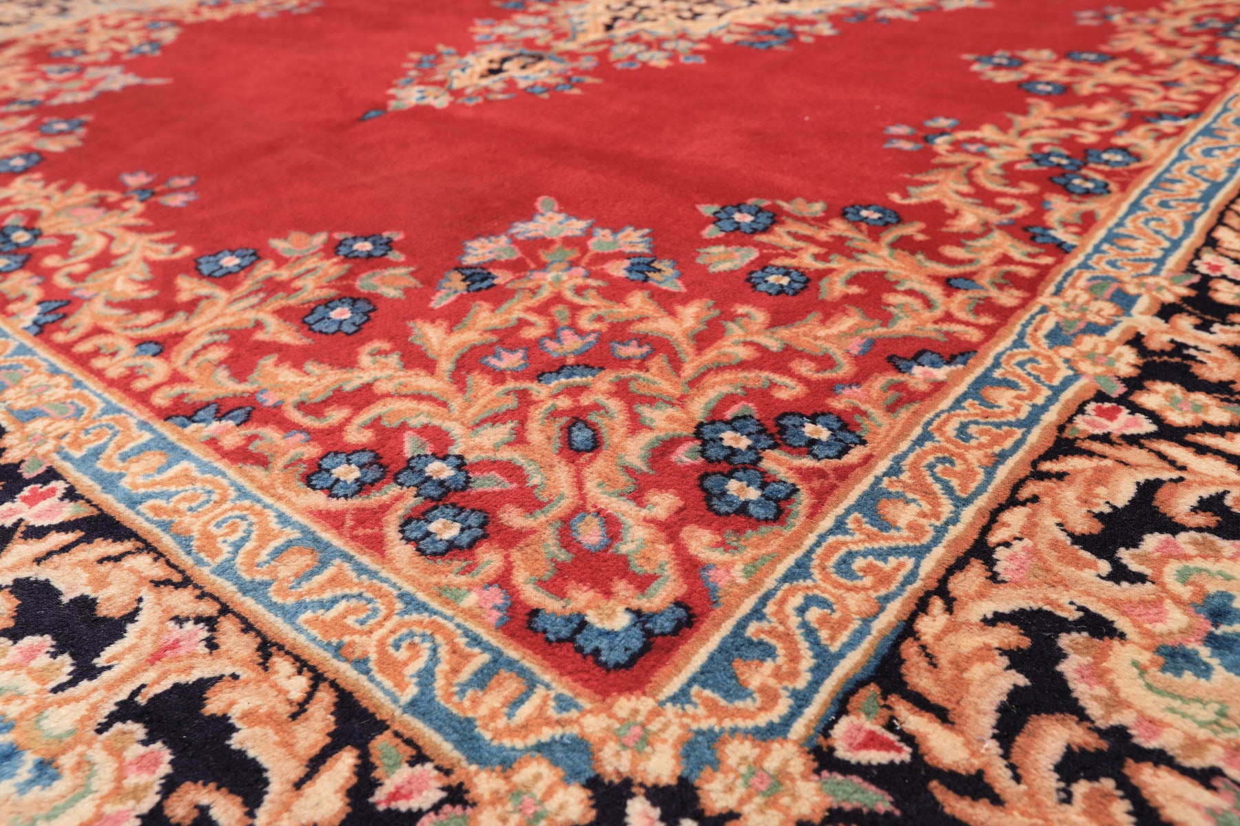 7x10 Red, Navy, Aqua Color Hand Knotted Kerman Wool Traditional Oriental Rug