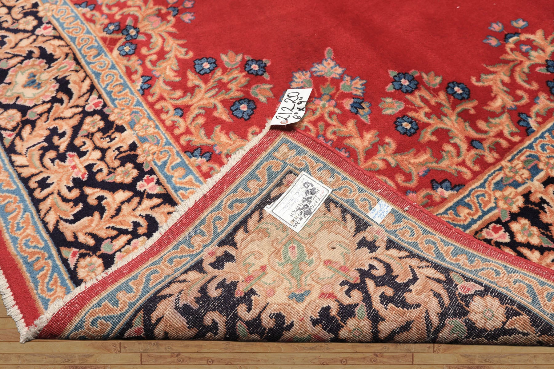 7x10 Red, Navy, Aqua Color Hand Knotted Kerman Wool Traditional Oriental Rug