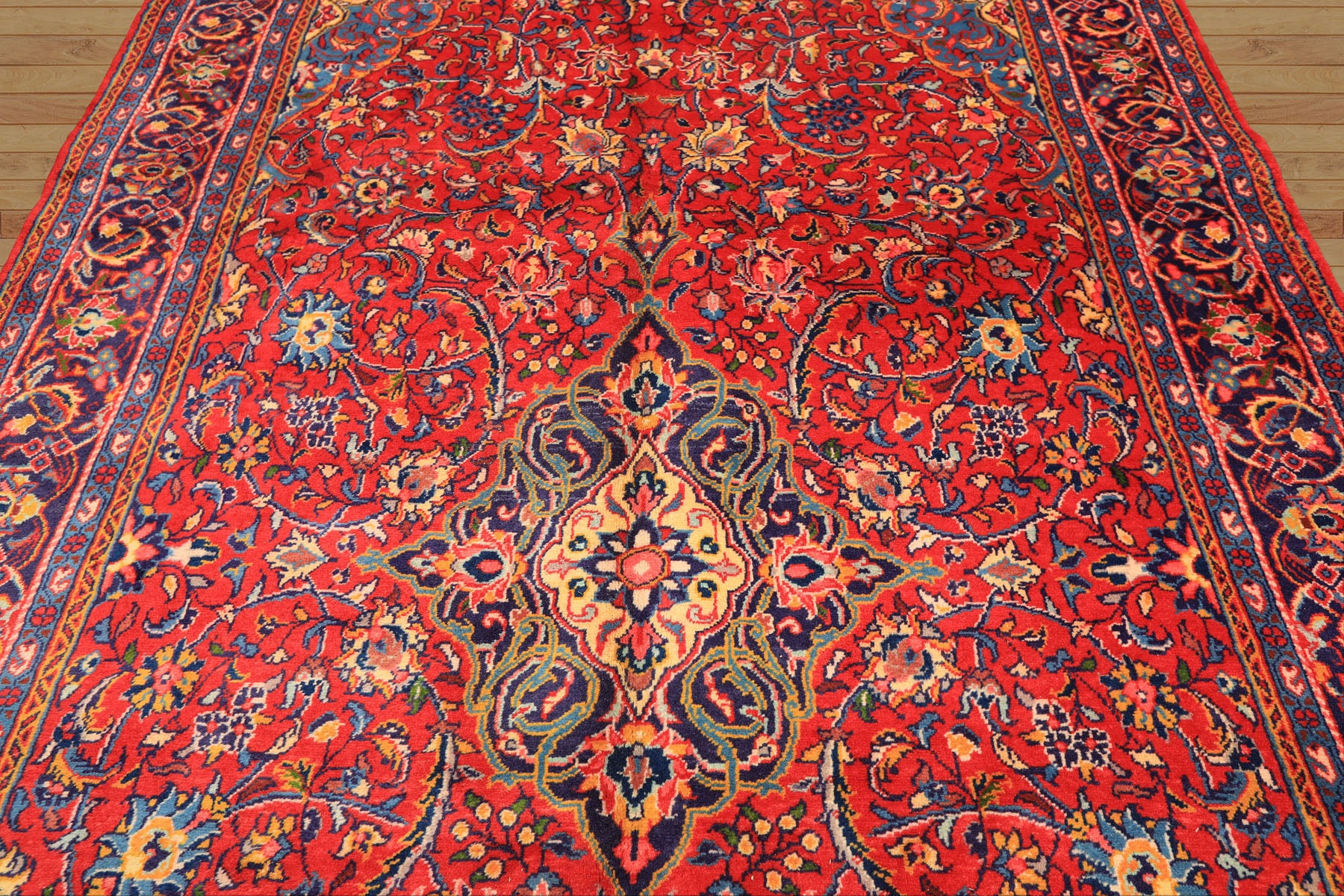 7x11 Red, Navy, Gold Color Hand Knotted Sarouk Wool Traditional Oriental Rug