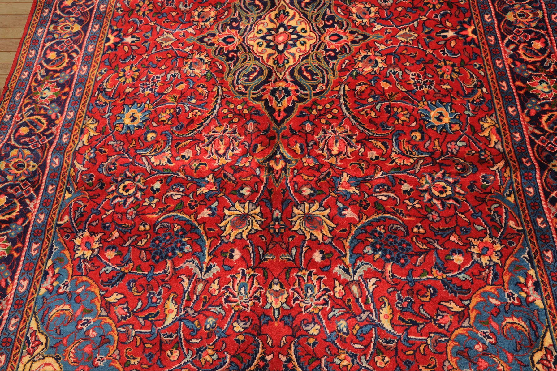 7x11 Red, Navy, Gold Color Hand Knotted Sarouk Wool Traditional Oriental Rug