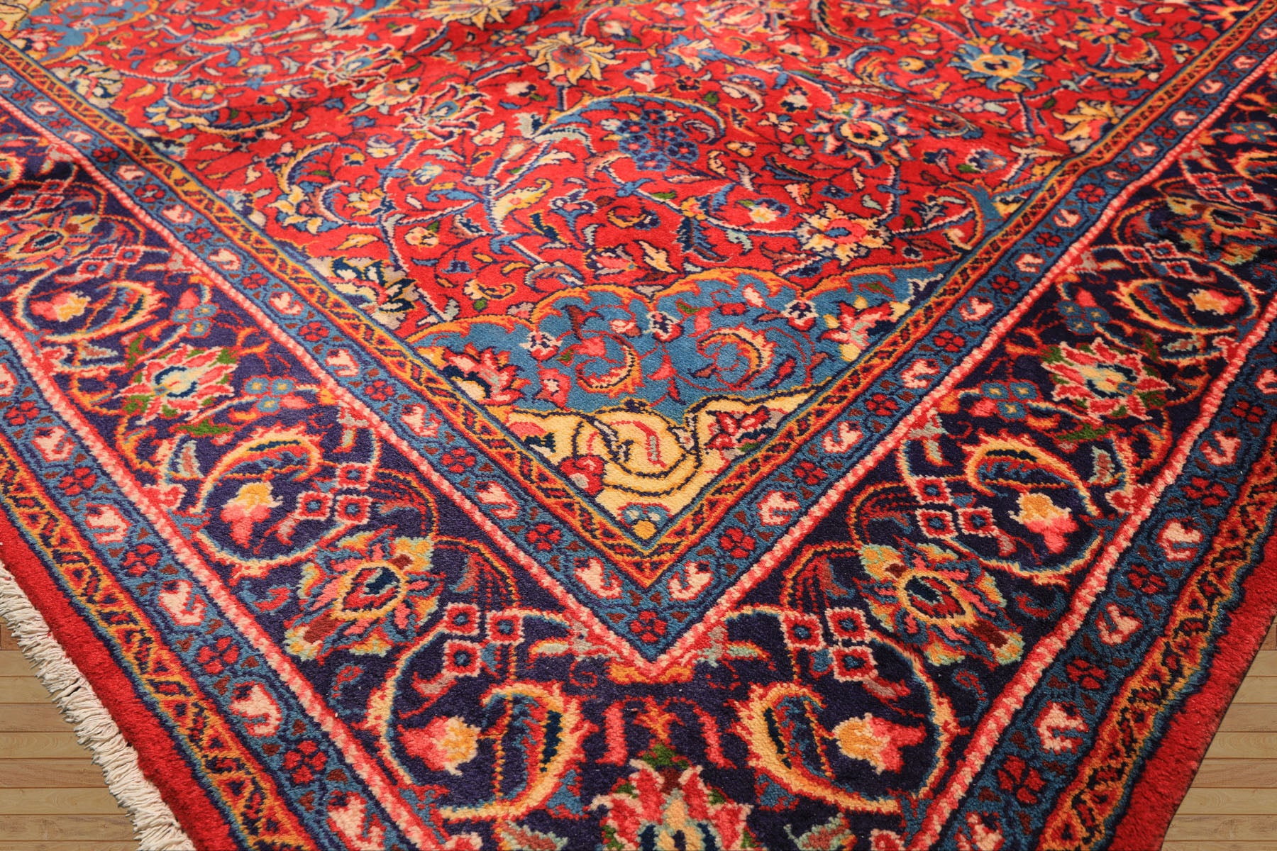 7x11 Red, Navy, Gold Color Hand Knotted Sarouk Wool Traditional Oriental Rug