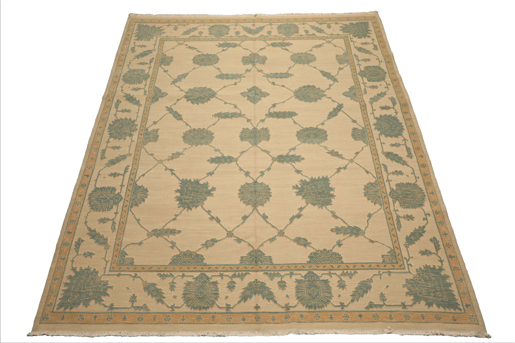 8x10 Ivory, Aqua, Light Gold Color Hand Knotted Nourison Nourmak Soumak Wool & Silk Transitional Oriental Rug
