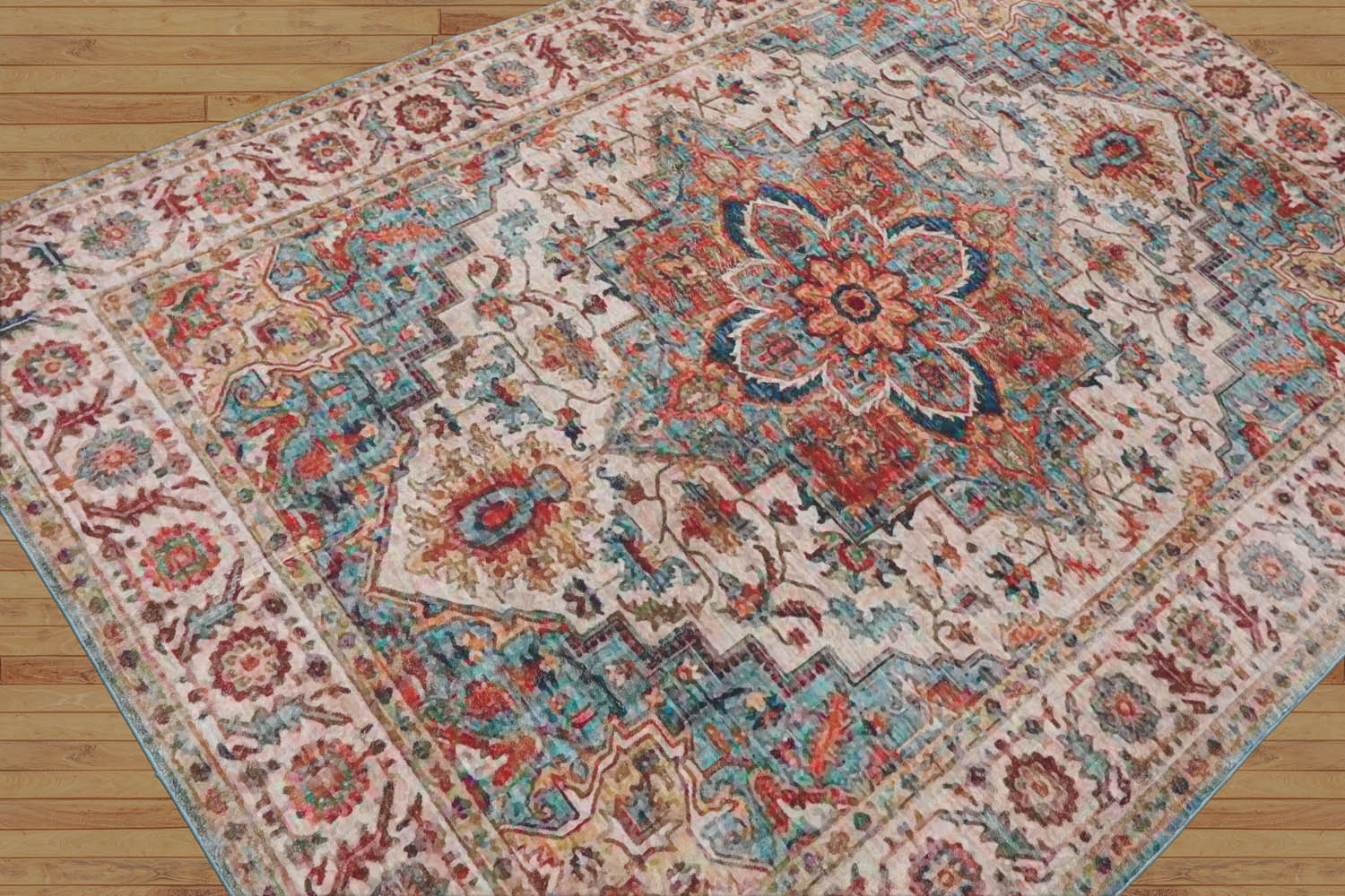 Multi Size  Aqua Beige Rust Color Machine Made Flatweave Polyester Traditional Oriental Rug