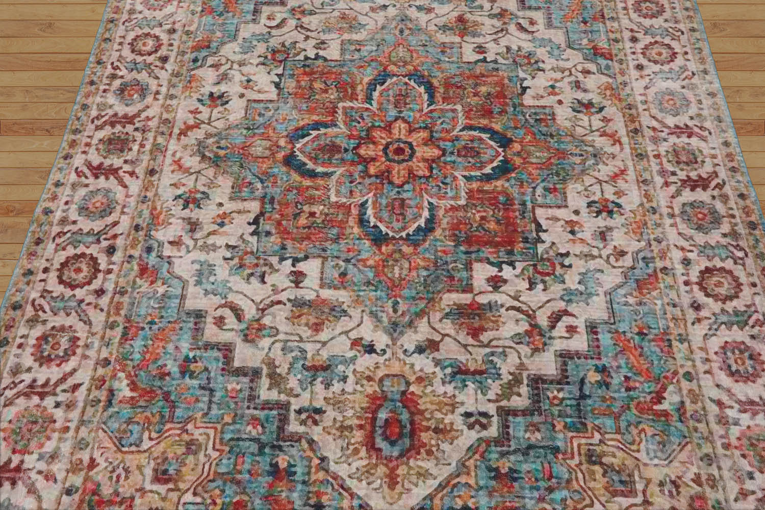 Multi Size  Aqua Beige Rust Color Machine Made Flatweave Polyester Traditional Oriental Rug