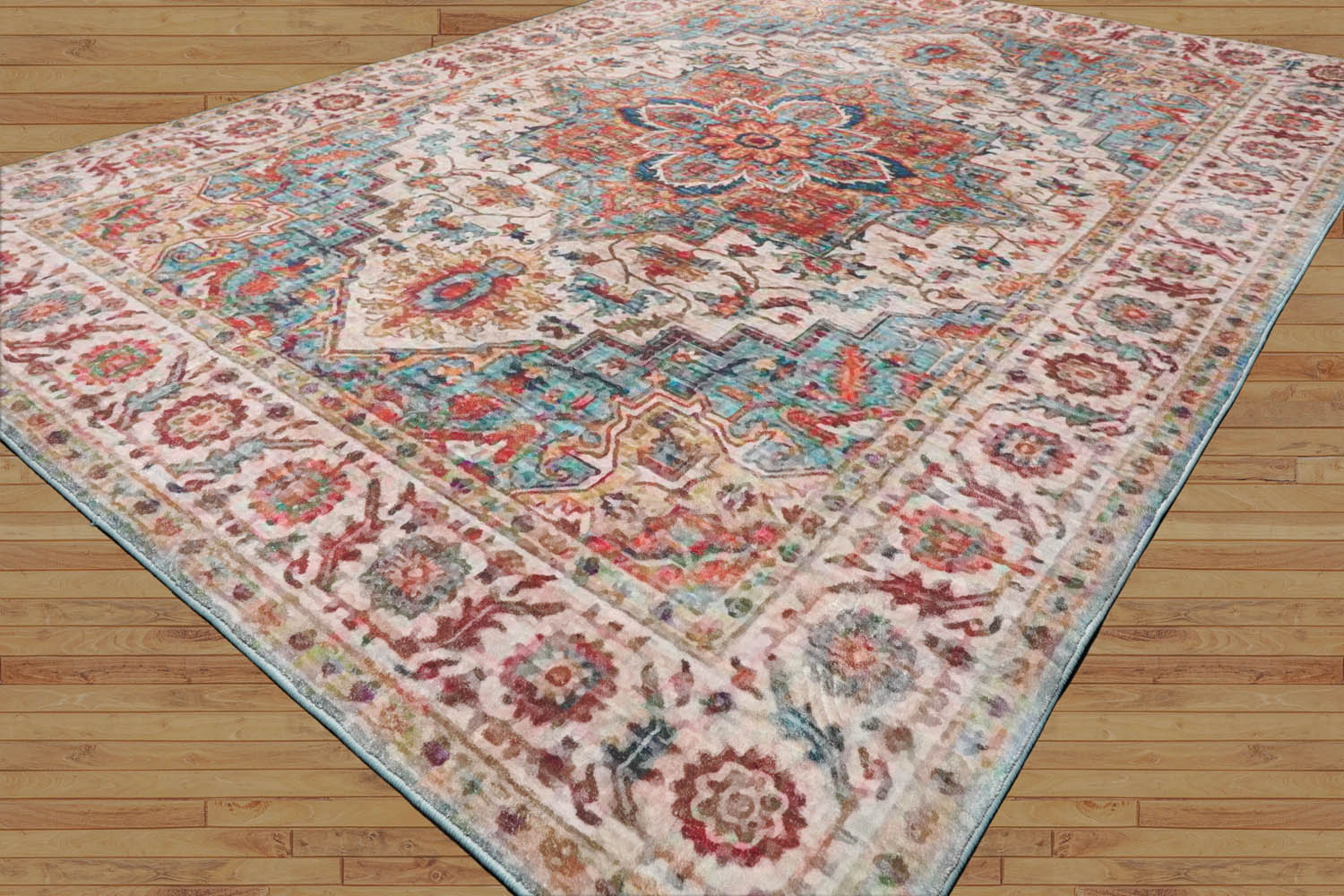 Multi Size  Aqua Beige Rust Color Machine Made Flatweave Polyester Traditional Oriental Rug