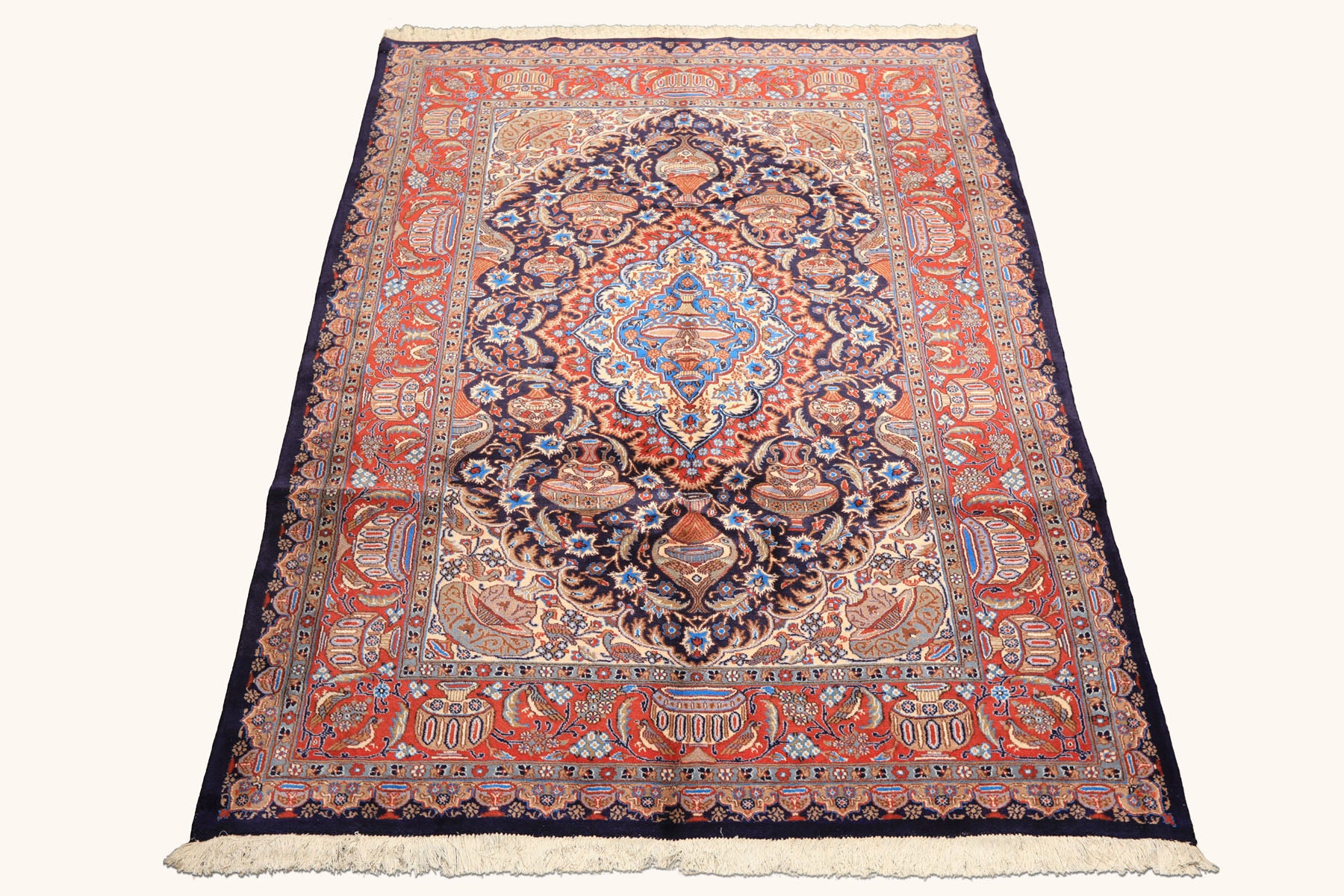 6x9 Navy, Burnt Orange, Ivory Color Hand Knotted Kashmar Wool Traditional Oriental Rug