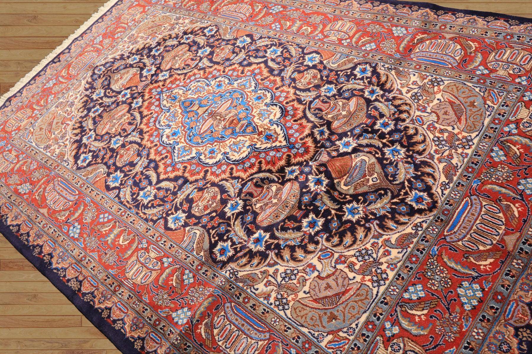6x9 Navy, Burnt Orange, Ivory Color Hand Knotted Kashmar Wool Traditional Oriental Rug