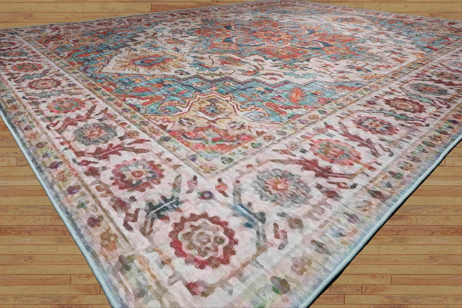 Multi Size  Aqua Beige Rust Color Machine Made Flatweave Polyester Traditional Oriental Rug