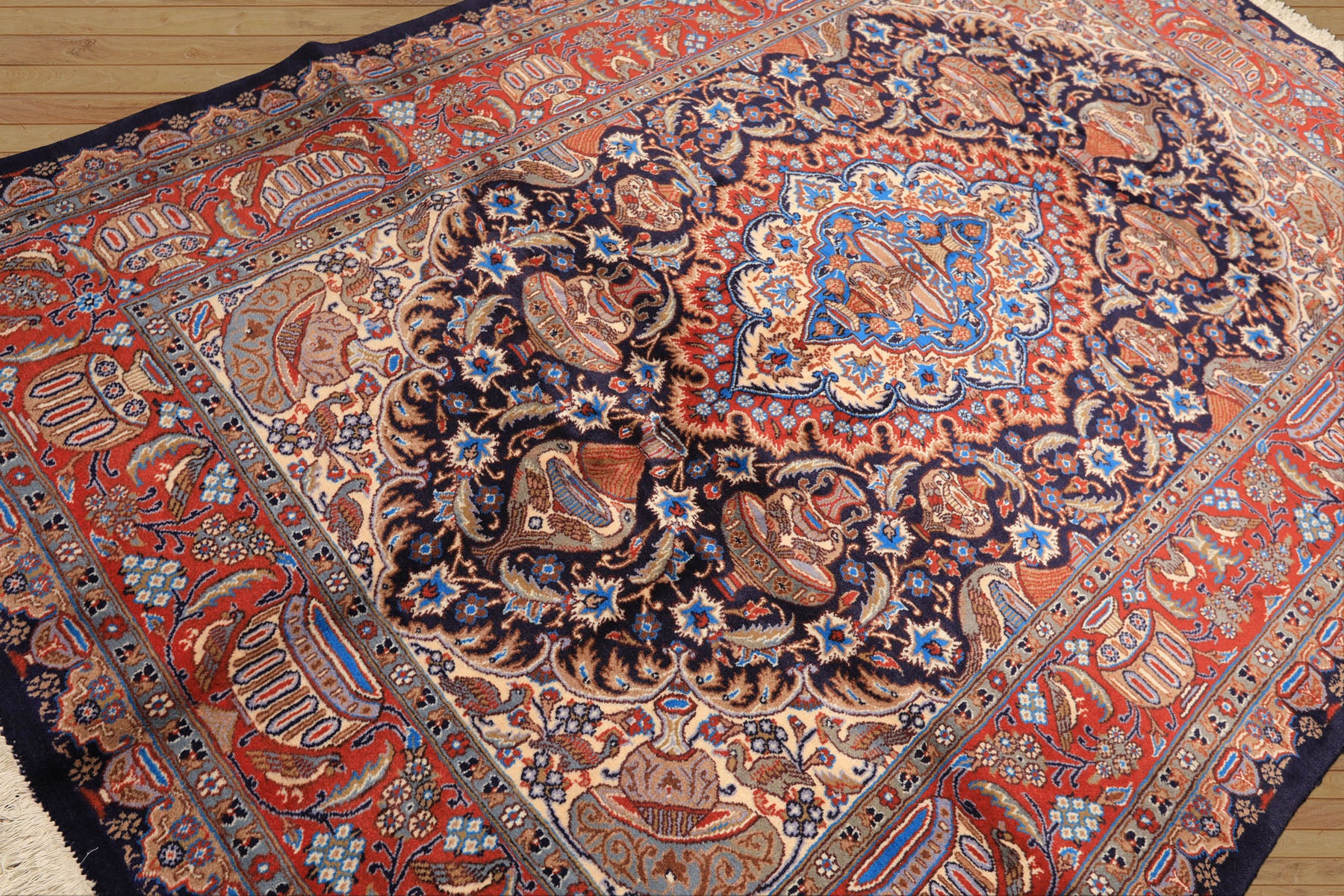 6x9 Navy, Burnt Orange, Ivory Color Hand Knotted Kashmar Wool Traditional Oriental Rug