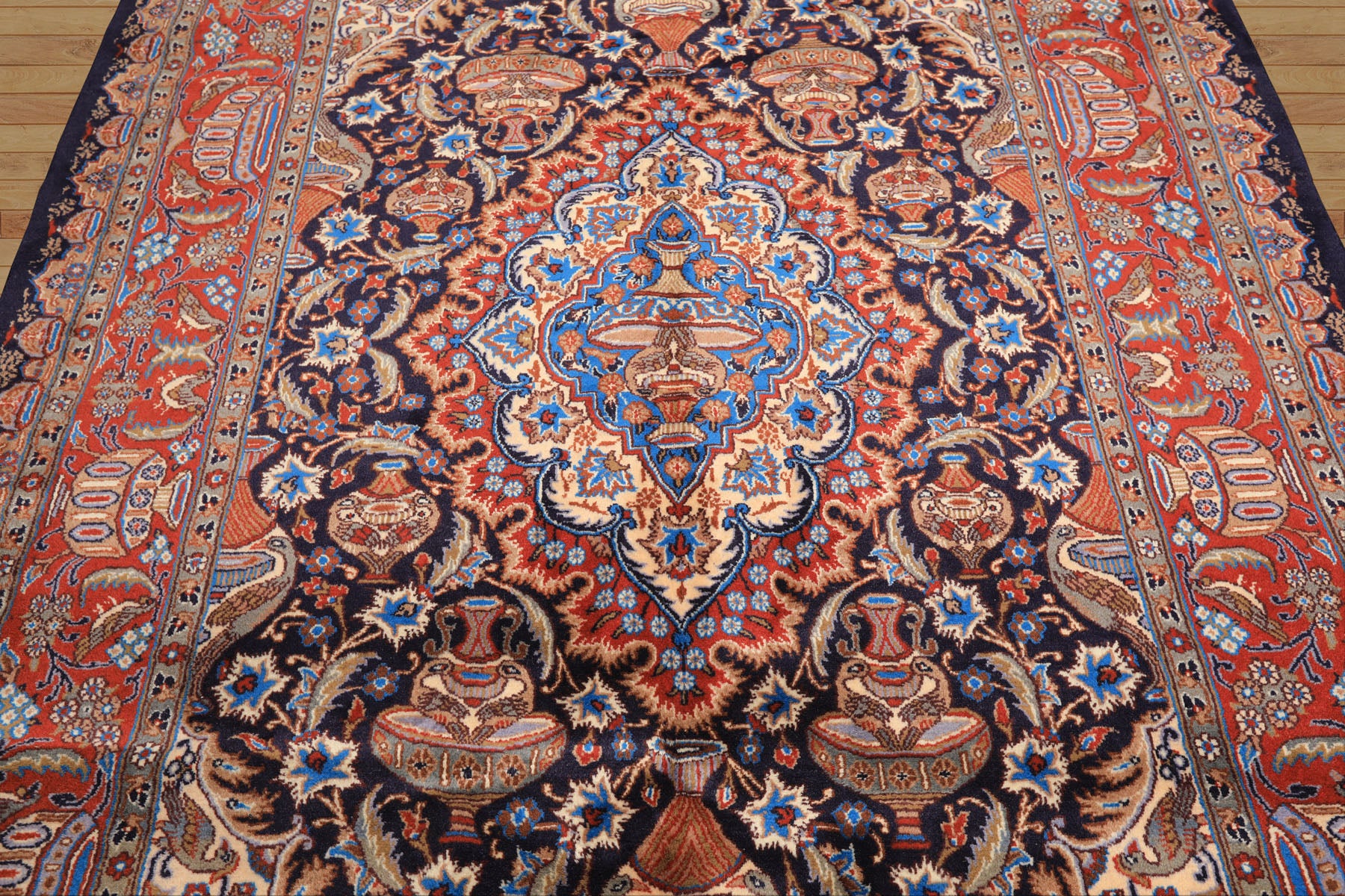 6x9 Navy, Burnt Orange, Ivory Color Hand Knotted Kashmar Wool Traditional Oriental Rug