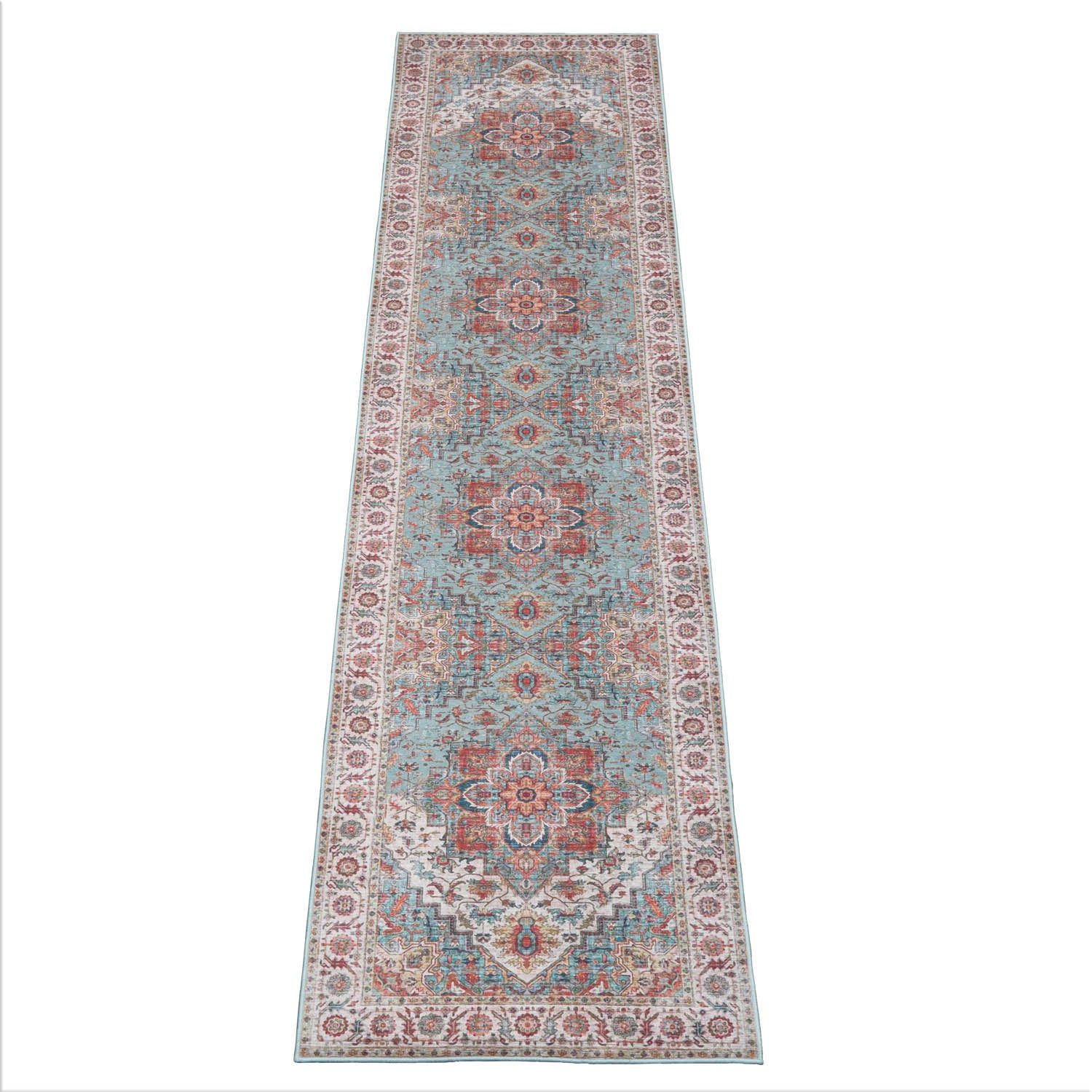 Multi Size  Aqua Beige Rust Color Machine Made Flatweave Polyester Traditional Oriental Rug