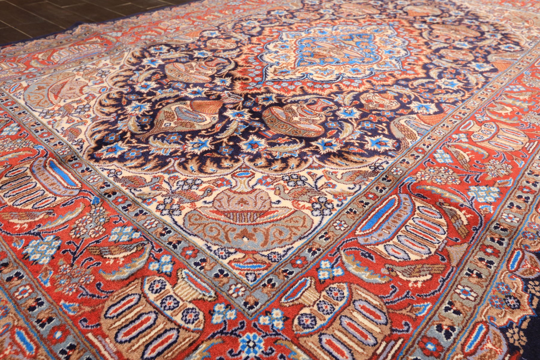 6x9 Navy, Burnt Orange, Ivory Color Hand Knotted Kashmar Wool Traditional Oriental Rug
