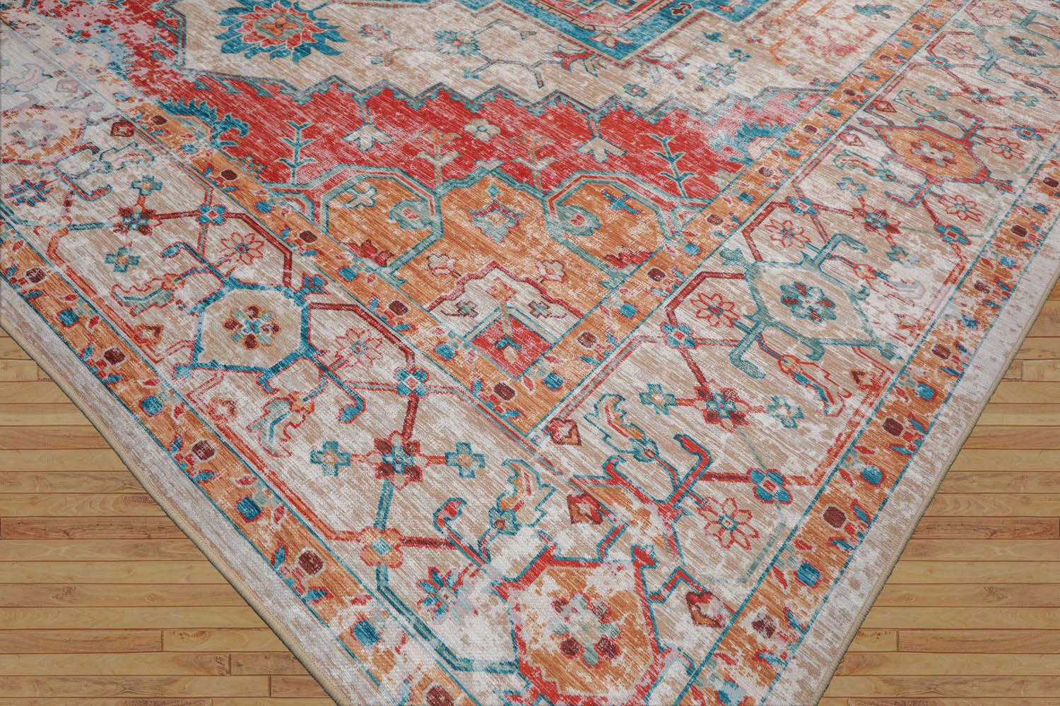 Multi Size Beige Turquoise Coral Color Machine Made Flatweave Polyester Traditional Oriental Rug