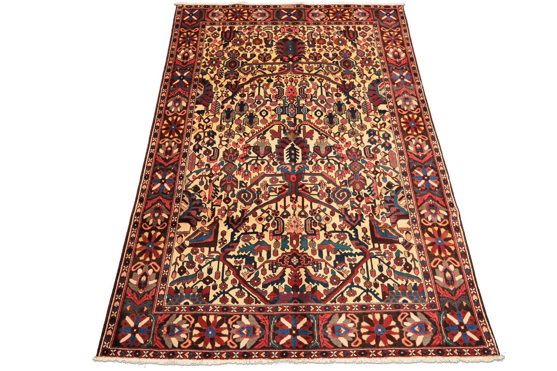 7x10 Ivory, Chocolate, Navy Color Hand Knotted Char Mahal Bhaktiari Wool Traditional Oriental Rug