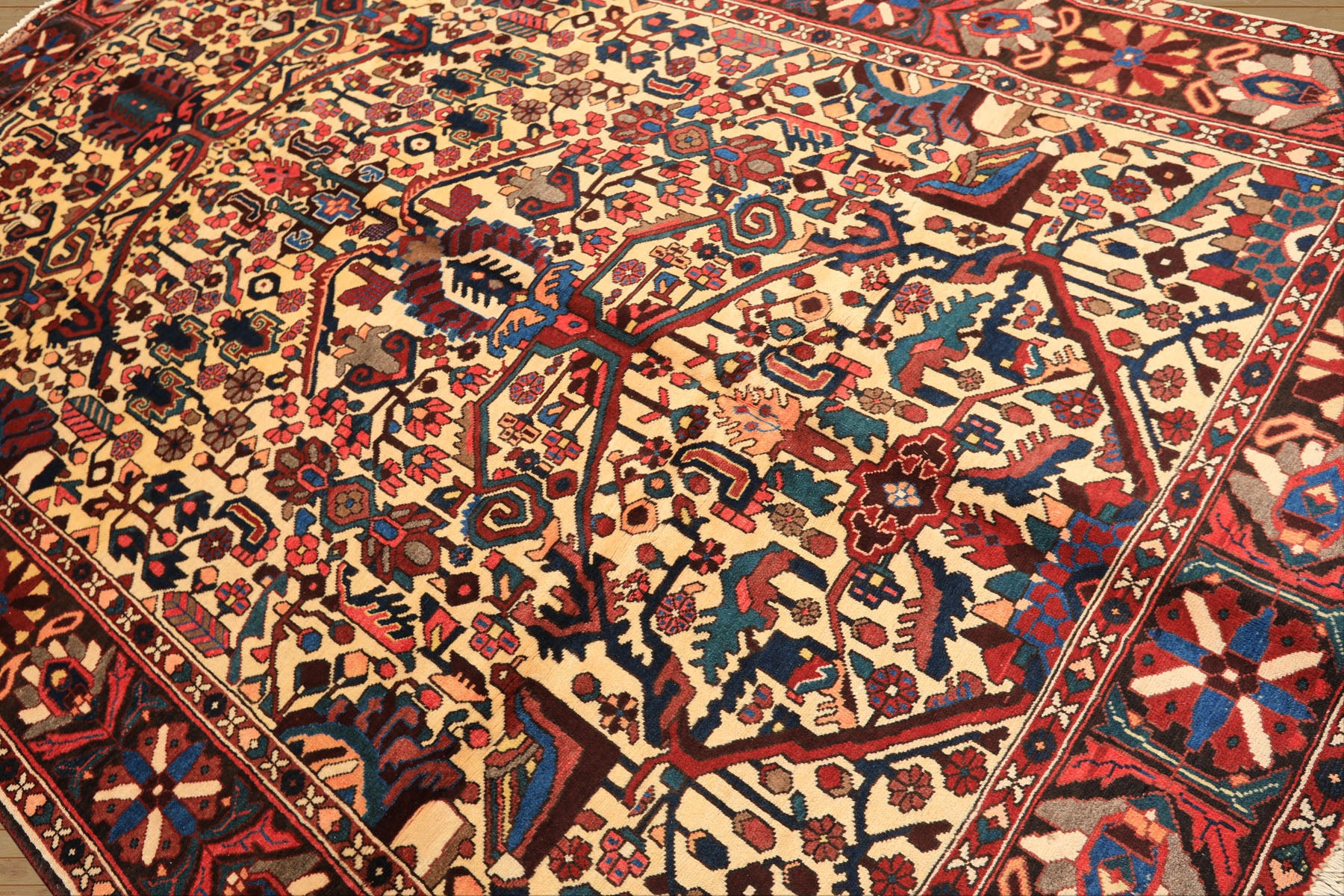 7x10 Ivory, Chocolate, Navy Color Hand Knotted Char Mahal Bhaktiari Wool Traditional Oriental Rug