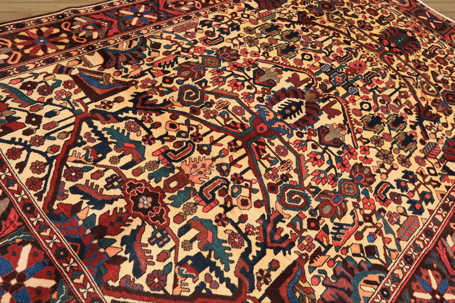 7x10 Ivory, Chocolate, Navy Color Hand Knotted Char Mahal Bhaktiari Wool Traditional Oriental Rug