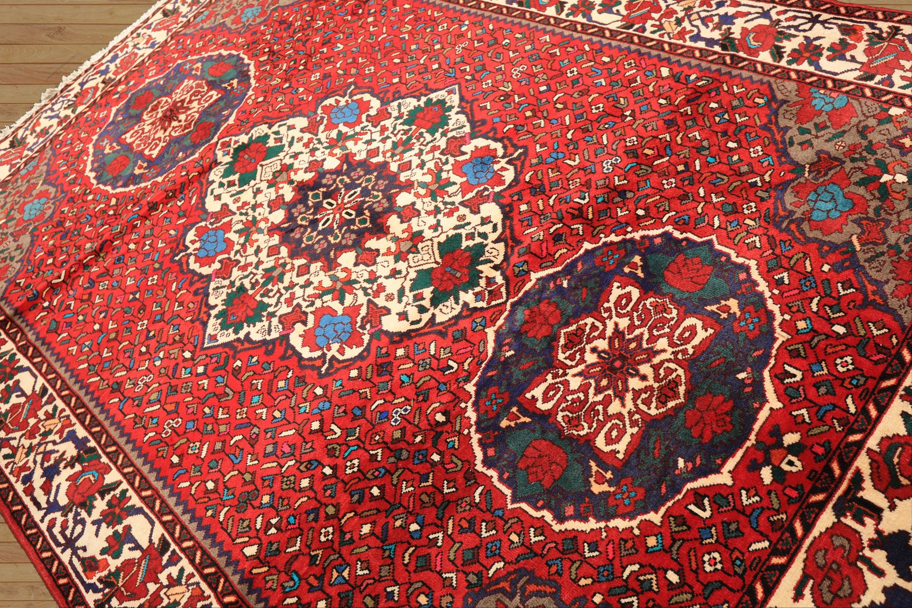 7x10 Red, Ivory, Blue Color Hand Knotted Ghom Wool Traditioal Oriental Rug