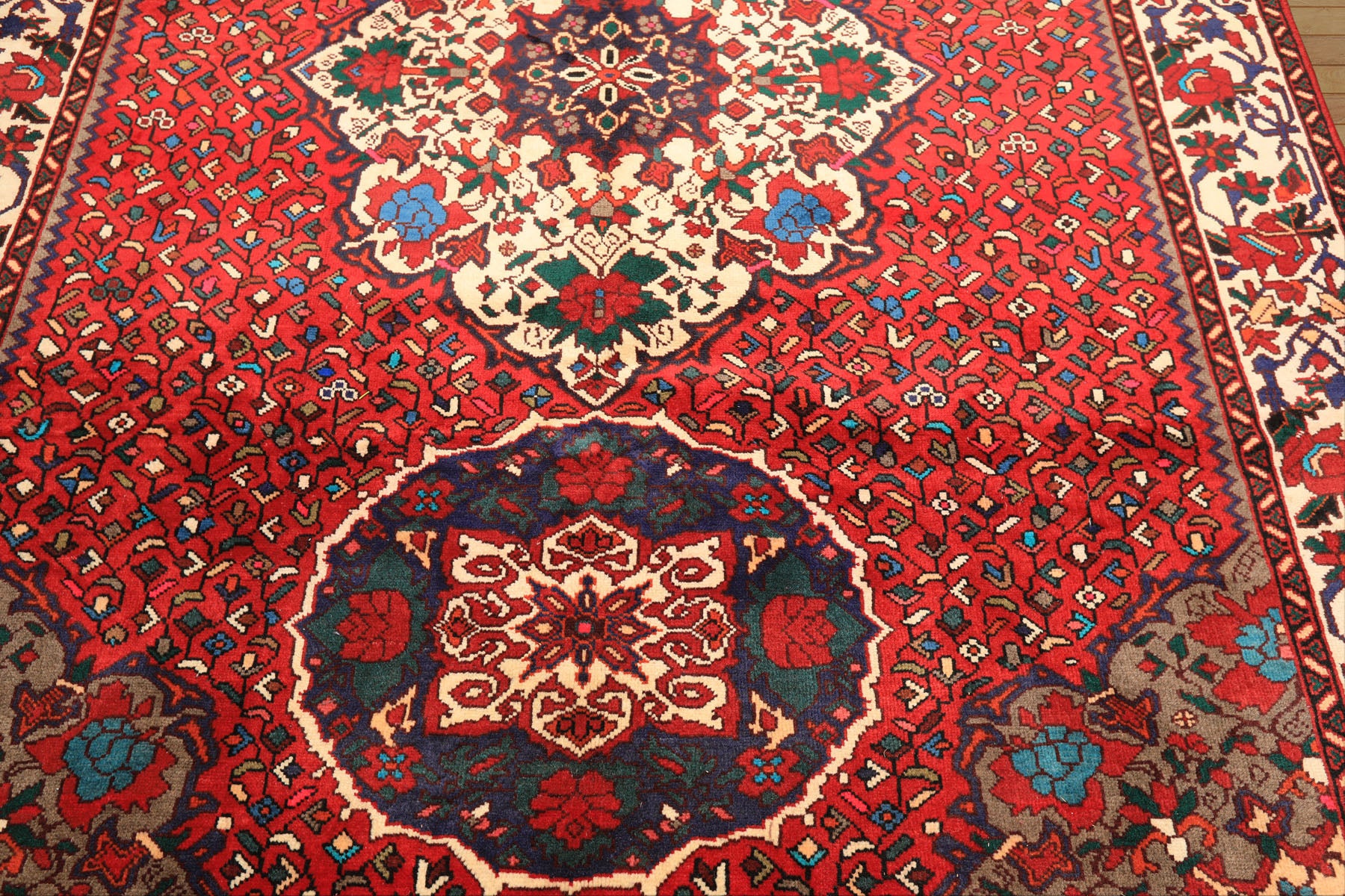 7x10 Red, Ivory, Blue Color Hand Knotted Ghom Wool Traditioal Oriental Rug