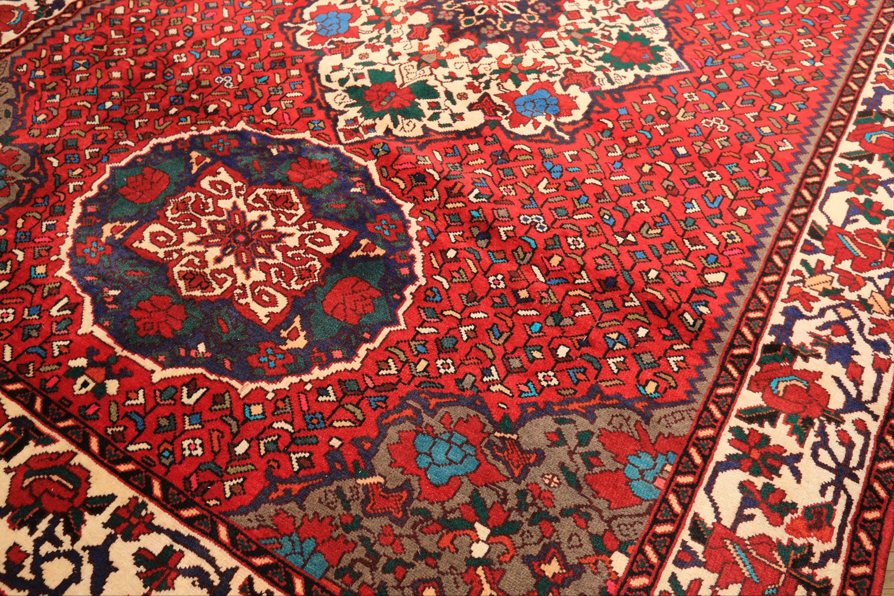 7x10 Red, Ivory, Blue Color Hand Knotted Ghom Wool Traditioal Oriental Rug