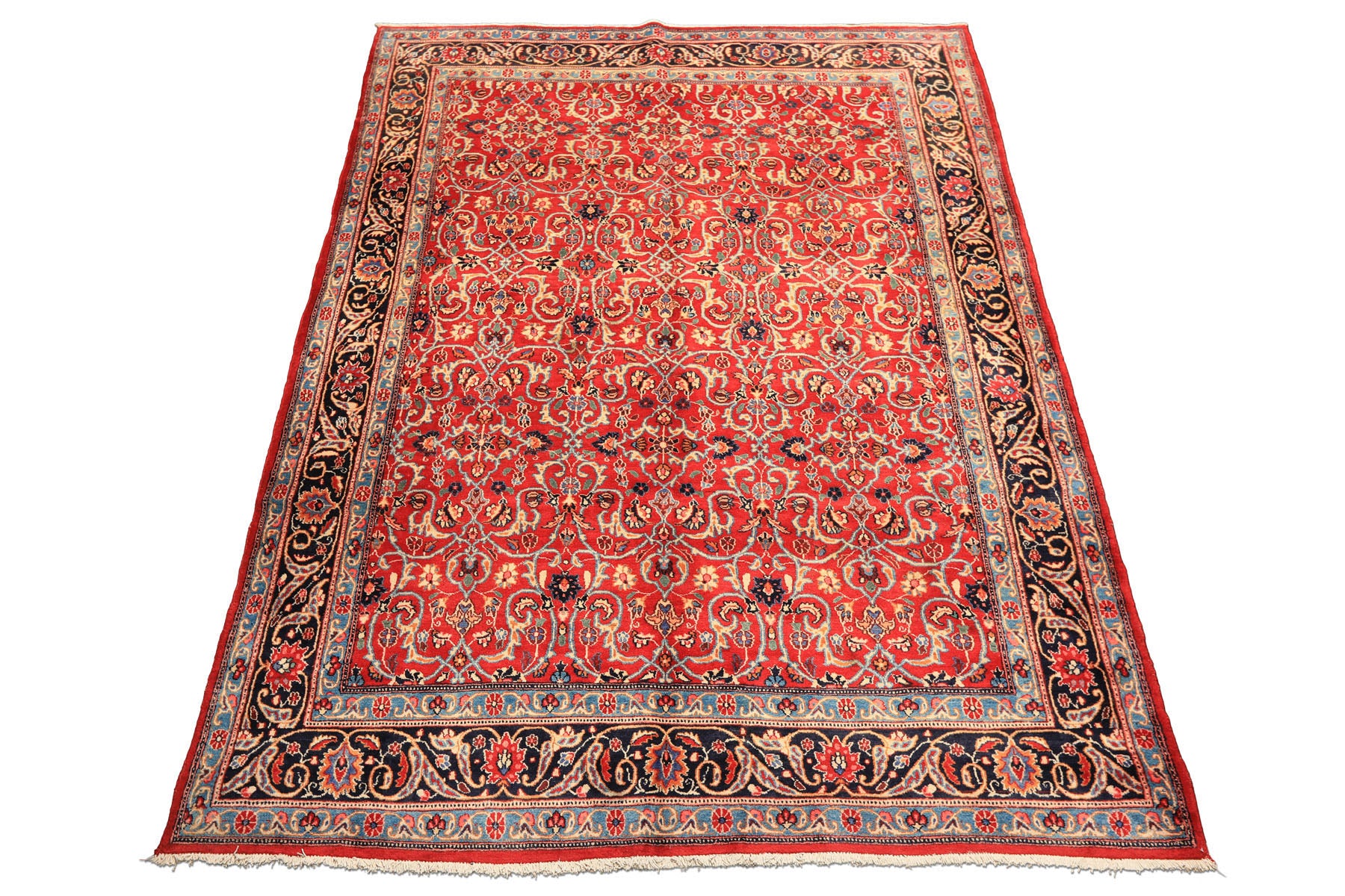 7x10 Red, Midnight Blue, Orange Color Hand Knotted Kashmar Wool Traditional Oriental Rug