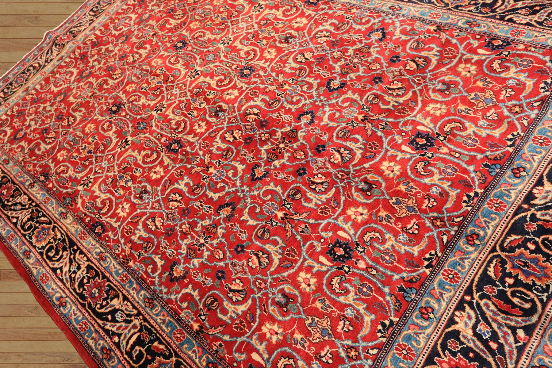 7x10 Red, Midnight Blue, Orange Color Hand Knotted Kashmar Wool Traditional Oriental Rug
