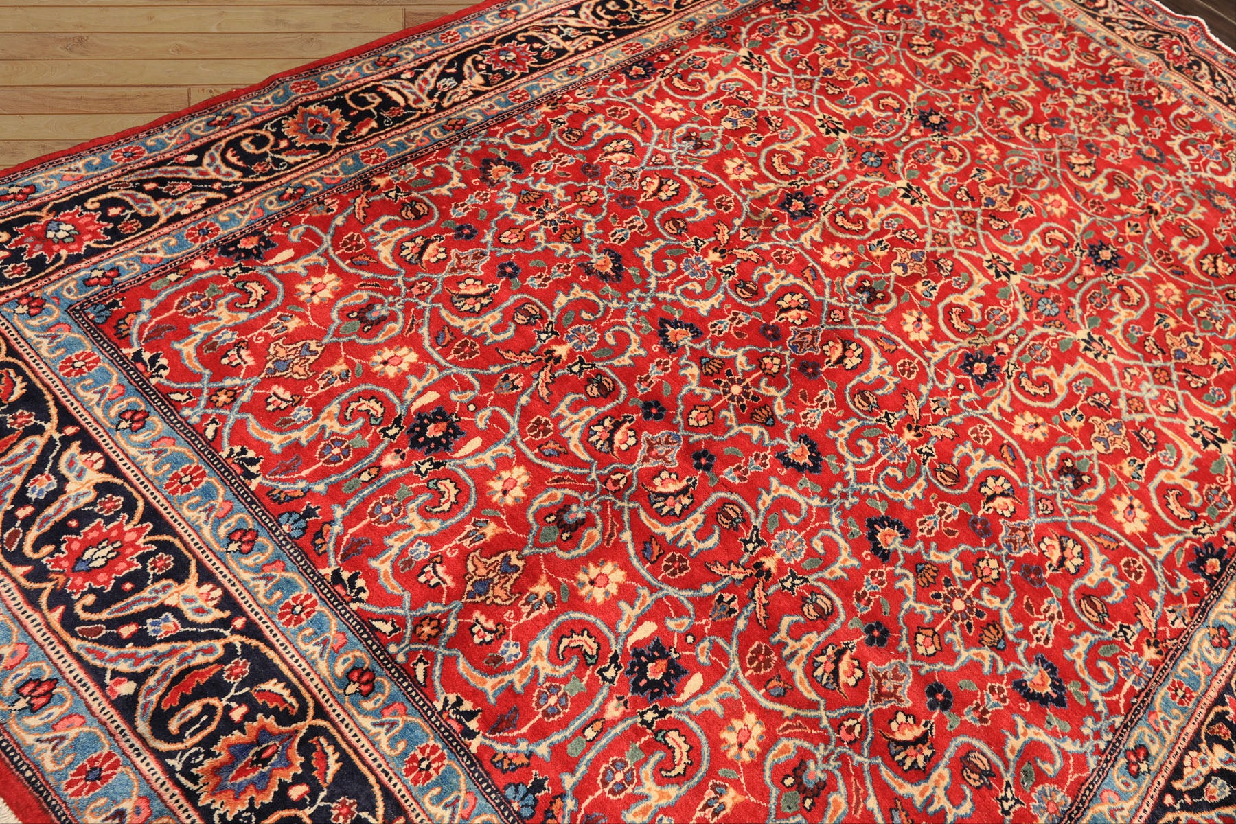 7x10 Red, Midnight Blue, Orange Color Hand Knotted Kashmar Wool Traditional Oriental Rug