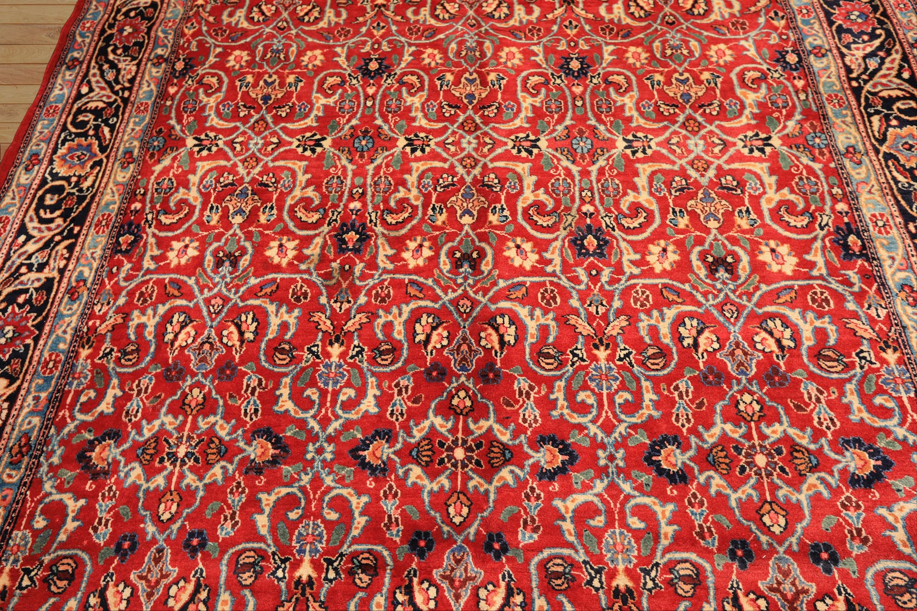 7x10 Red, Midnight Blue, Orange Color Hand Knotted Kashmar Wool Traditional Oriental Rug