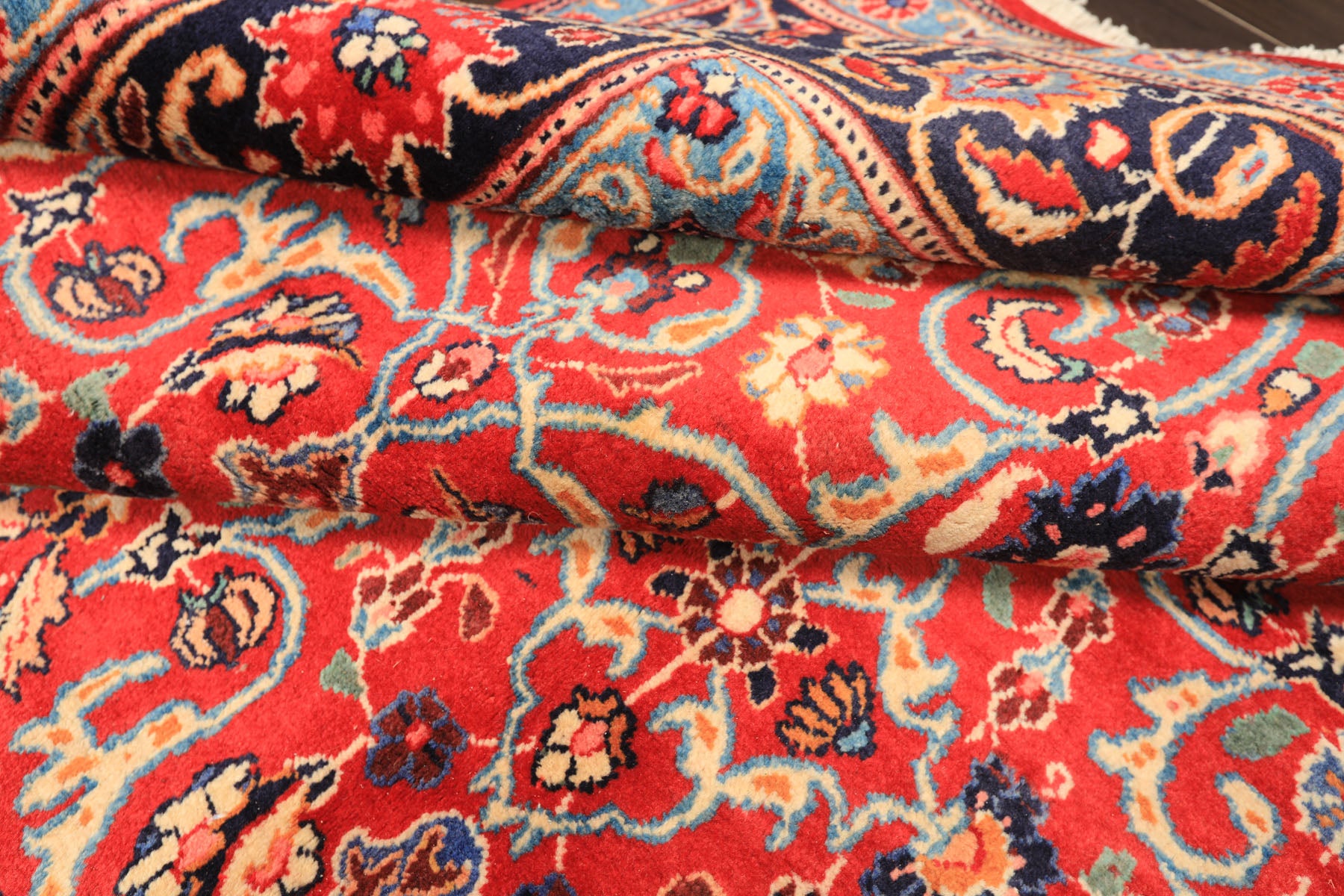 7x10 Red, Midnight Blue, Orange Color Hand Knotted Kashmar Wool Traditional Oriental Rug