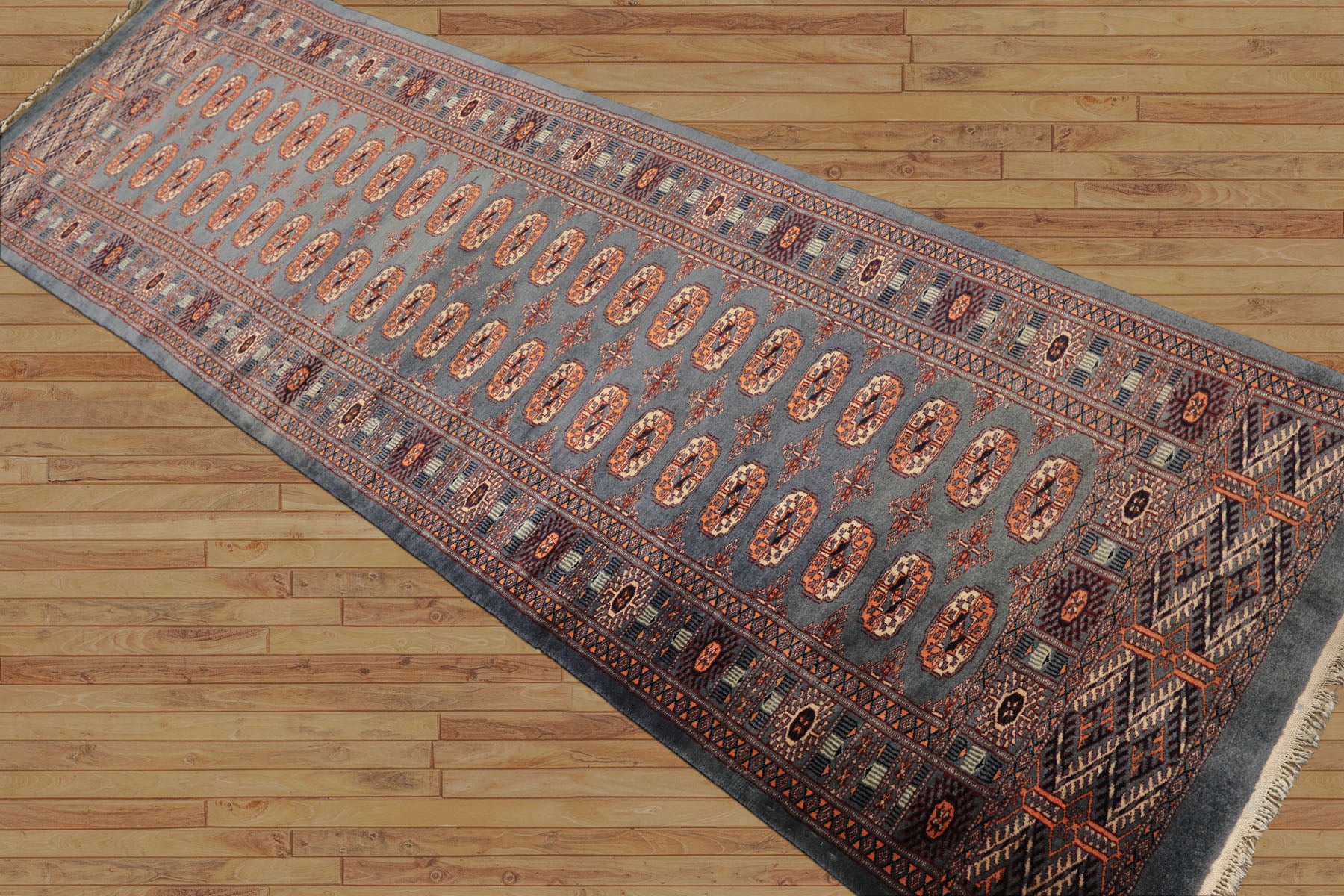 Runner Slate, Taupe, Ivory Color Hand Knotted Bokhara Wool Traditional Oriental Rug