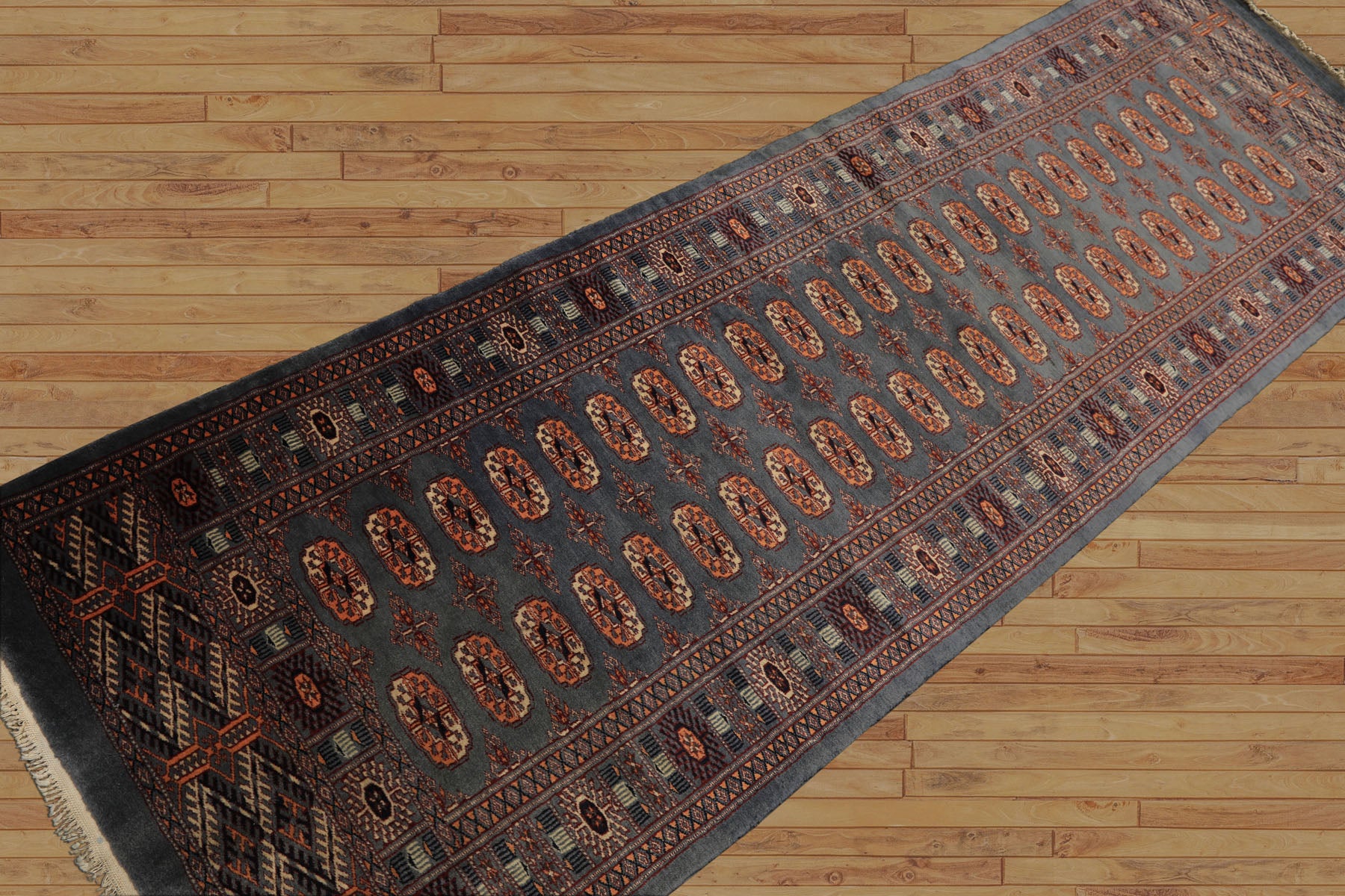 Runner Slate, Taupe, Ivory Color Hand Knotted Bokhara Wool Traditional Oriental Rug