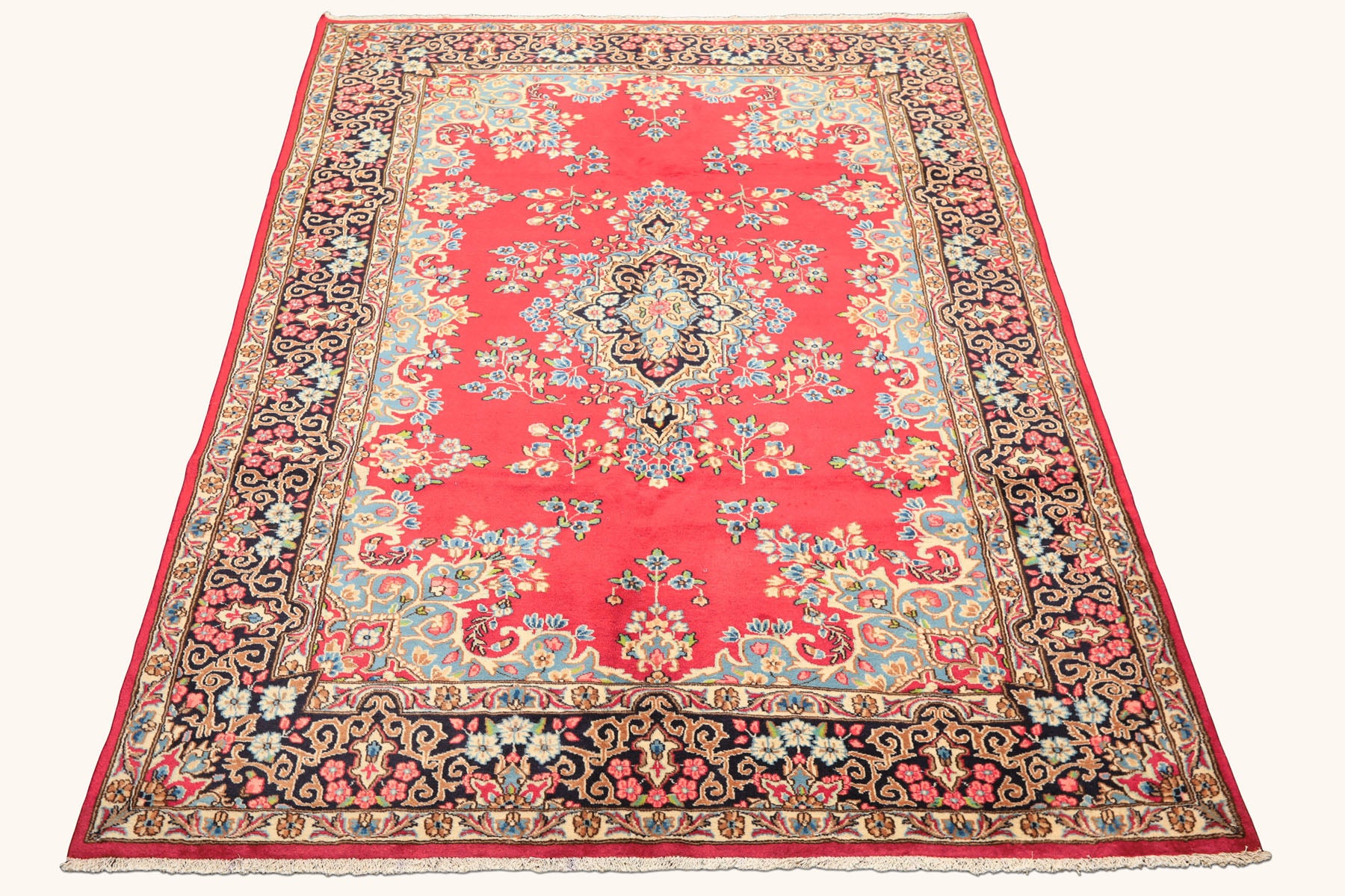 7x10 Fuschia, Midnight Blue, Aqua Color Hand Knotted Kerman Wool Traditional Oriental Rug
