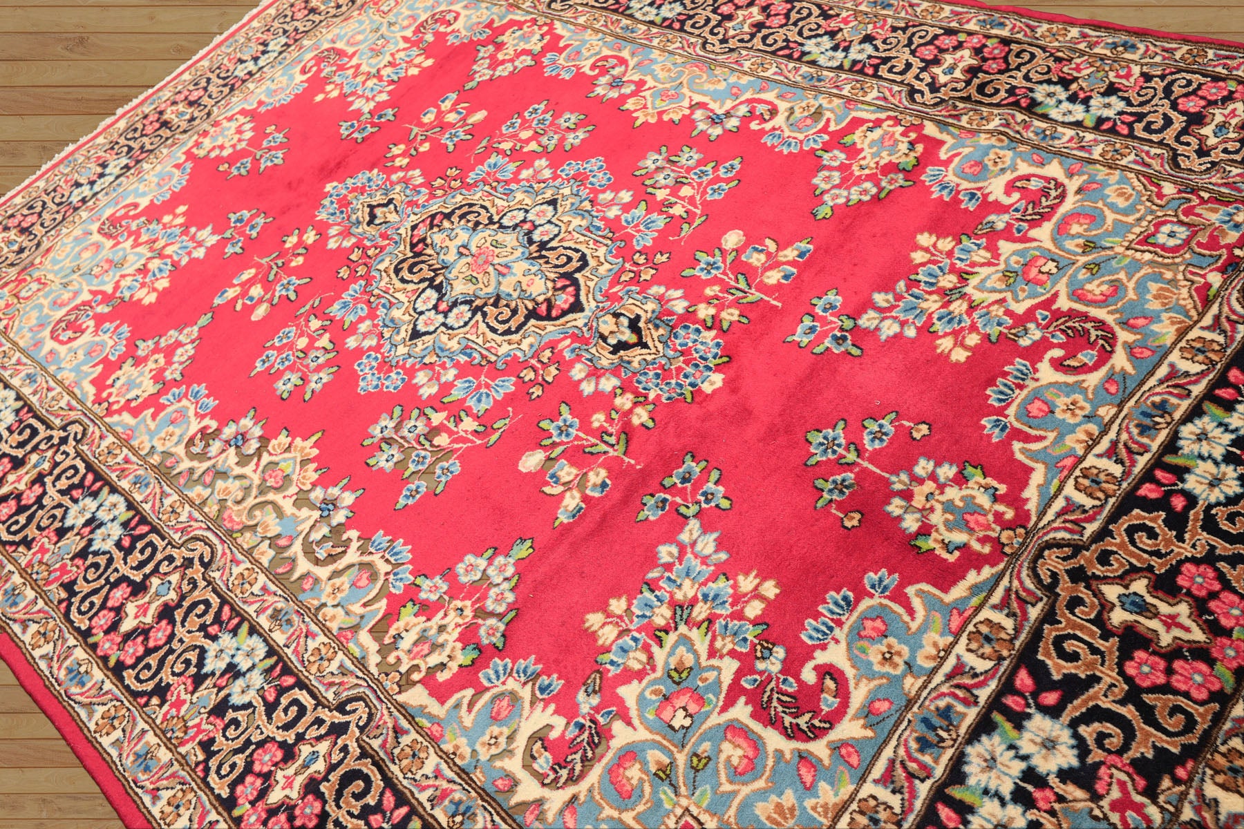 7x10 Fuschia, Midnight Blue, Aqua Color Hand Knotted Kerman Wool Traditional Oriental Rug