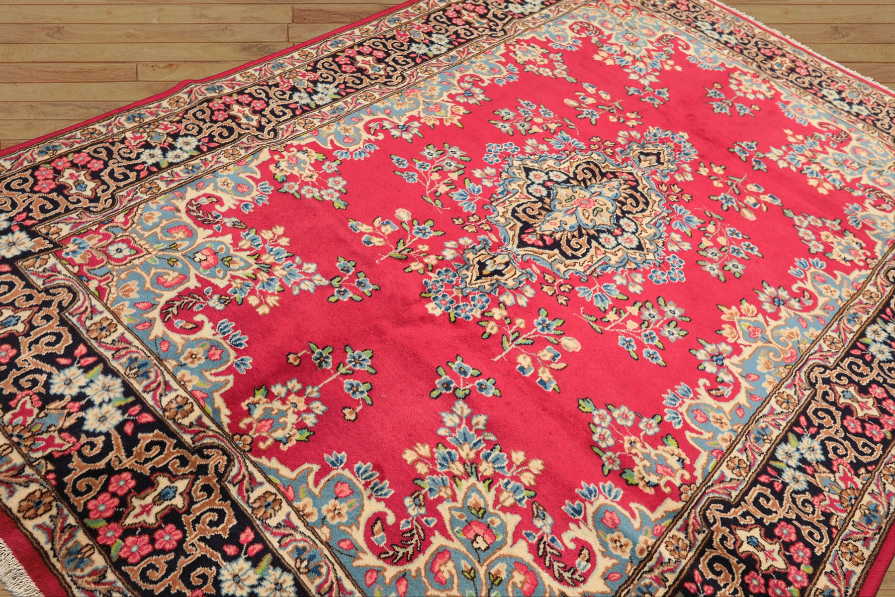 7x10 Fuschia, Midnight Blue, Aqua Color Hand Knotted Kerman Wool Traditional Oriental Rug