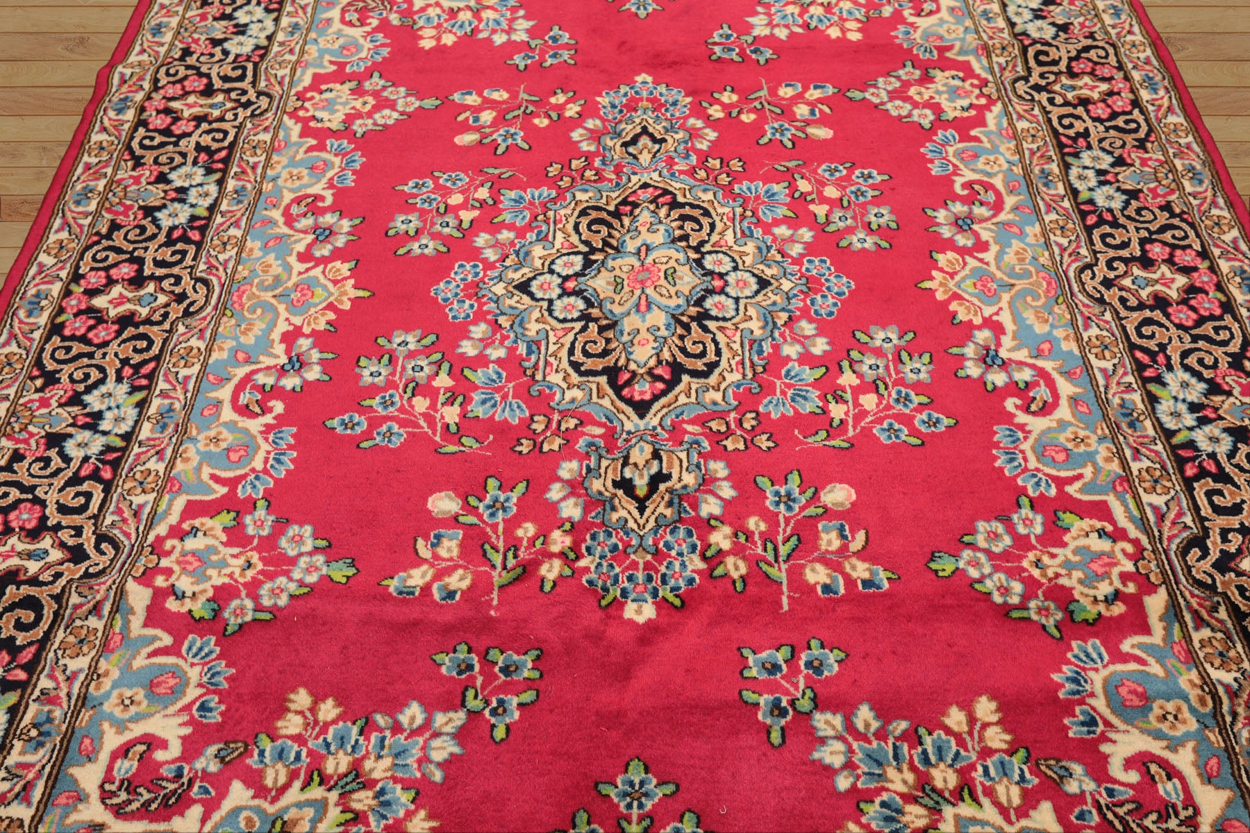 7x10 Fuschia, Midnight Blue, Aqua Color Hand Knotted Kerman Wool Traditional Oriental Rug