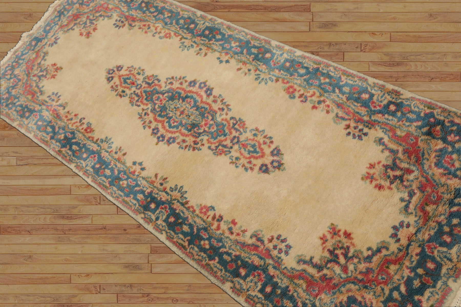 3x5 Ivory, Aqua, Green Color Hand Knotted Kerman Wool Traditional Oriental Rug