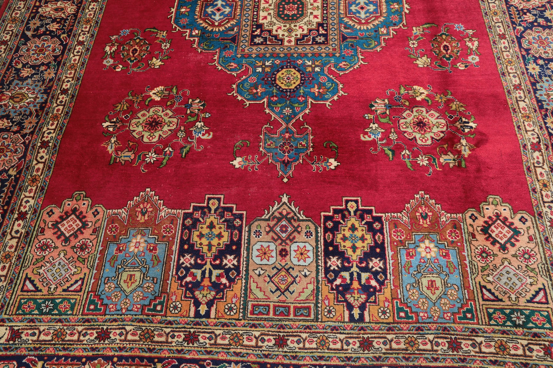 8x11 Coral, Navy, Ivory Color Hand Knotted Tabriz Wool Traditional Oriental Rug
