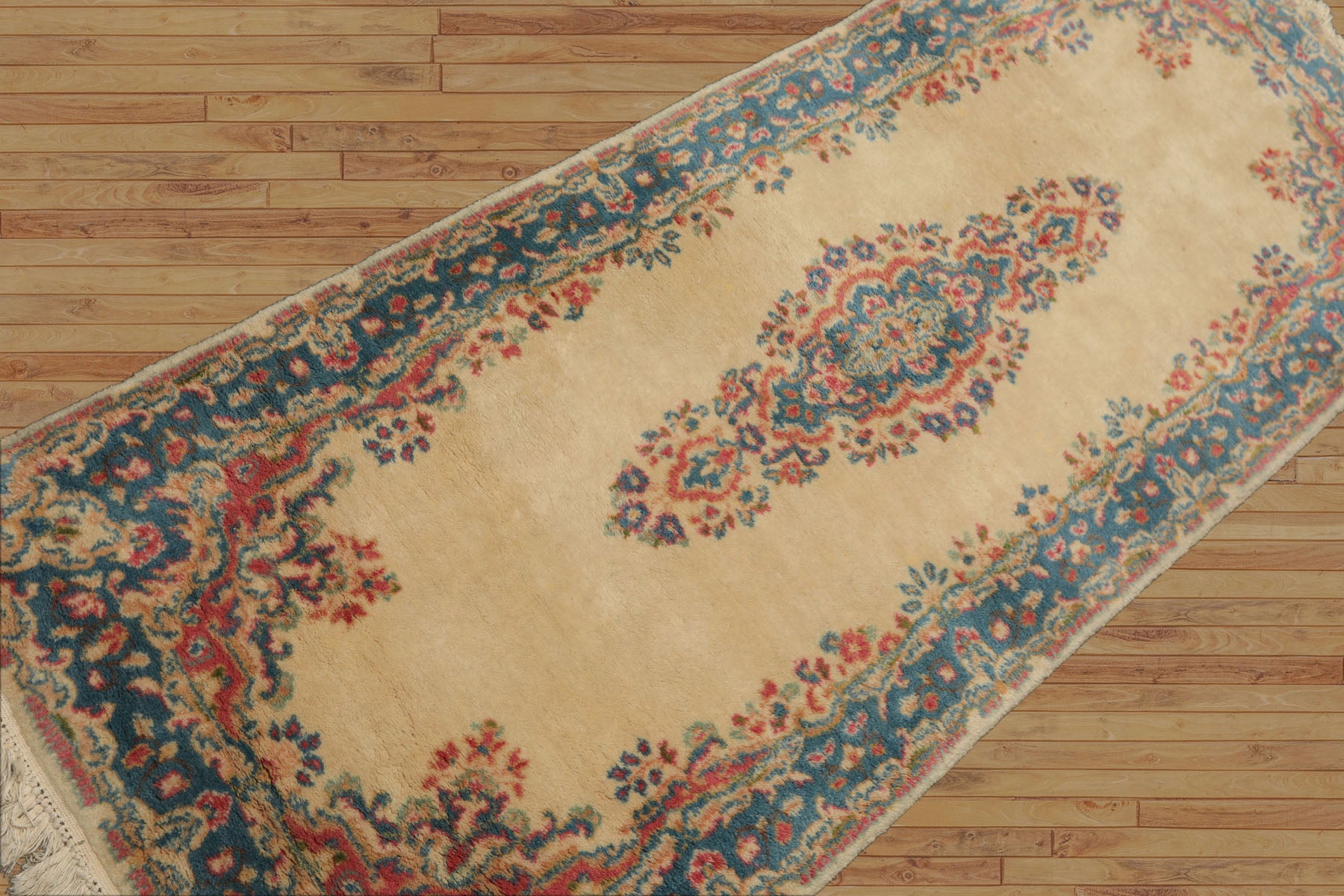 3x5 Ivory, Aqua, Green Color Hand Knotted Kerman Wool Traditional Oriental Rug