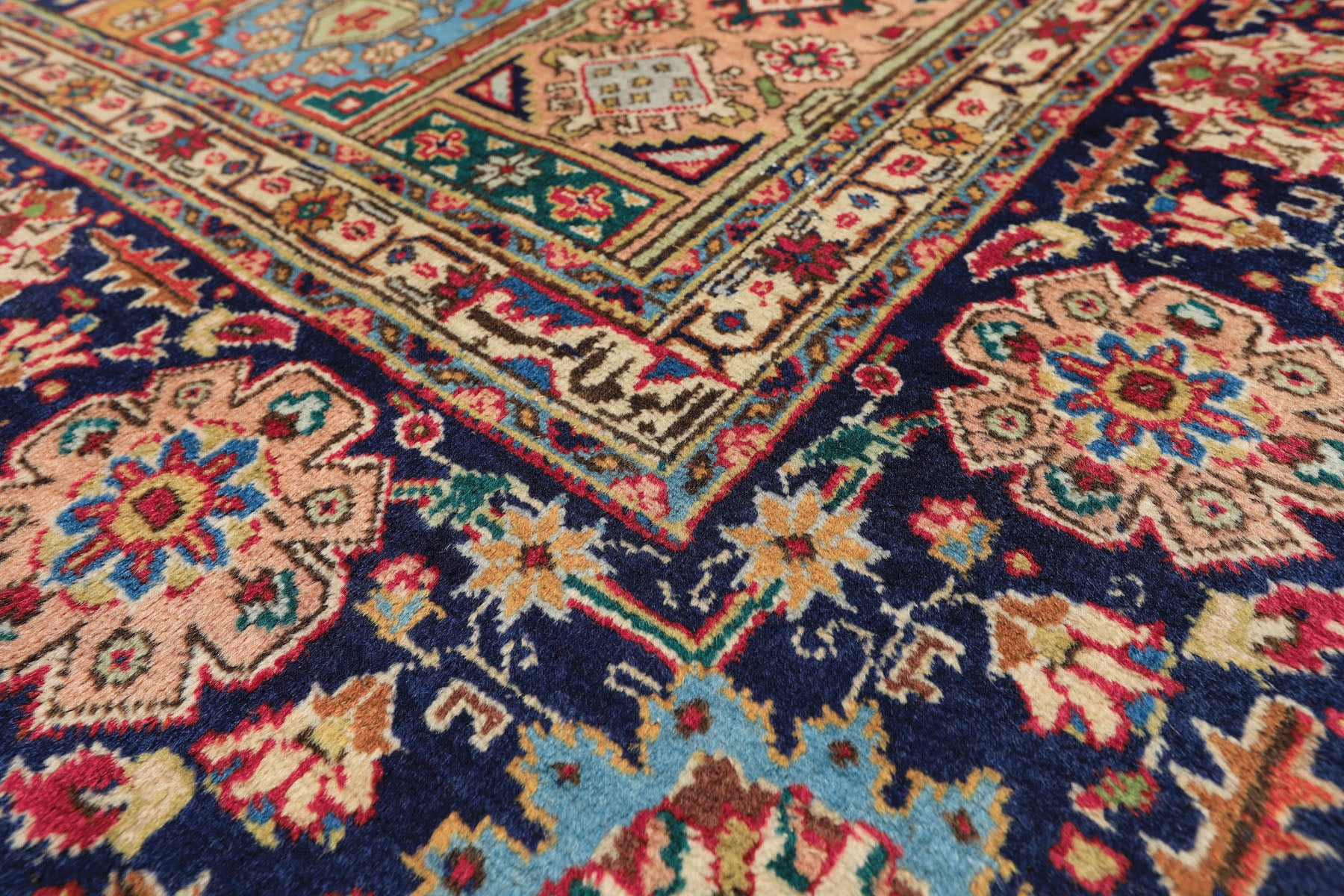 8x11 Coral, Navy, Ivory Color Hand Knotted Tabriz Wool Traditional Oriental Rug