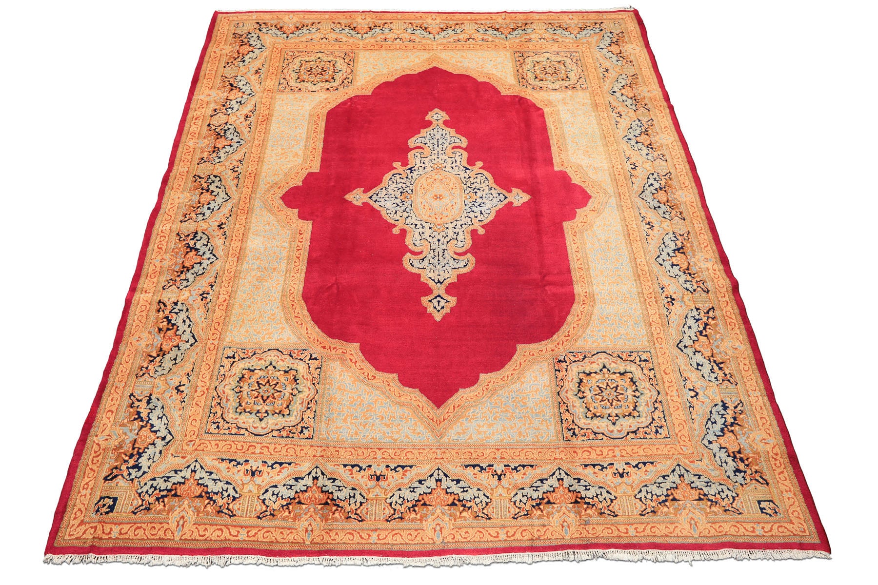 9x12 Ruby Red, Aqua, Navy Color Hand Knotted Kerman Wool Traditional Oriental Rug