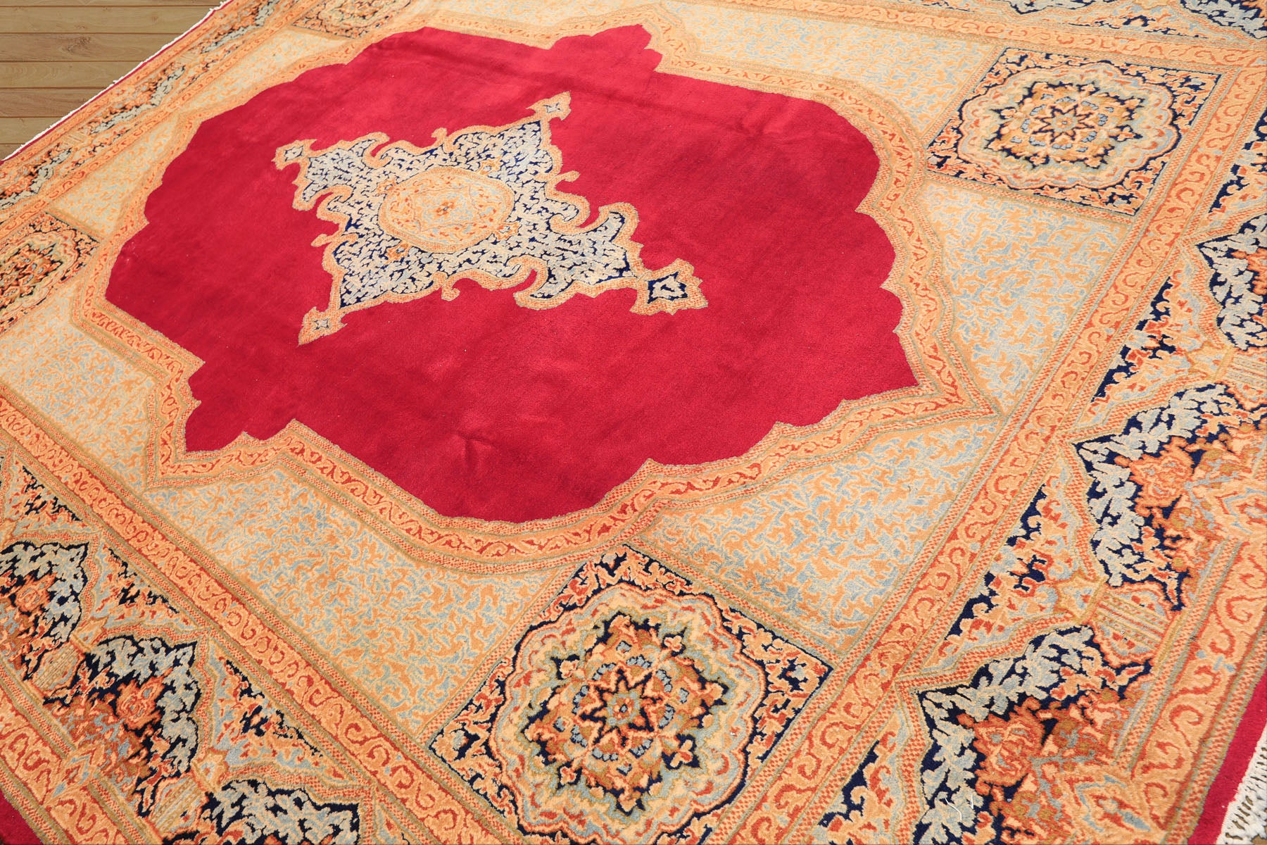 9x12 Ruby Red, Aqua, Navy Color Hand Knotted Kerman Wool Traditional Oriental Rug
