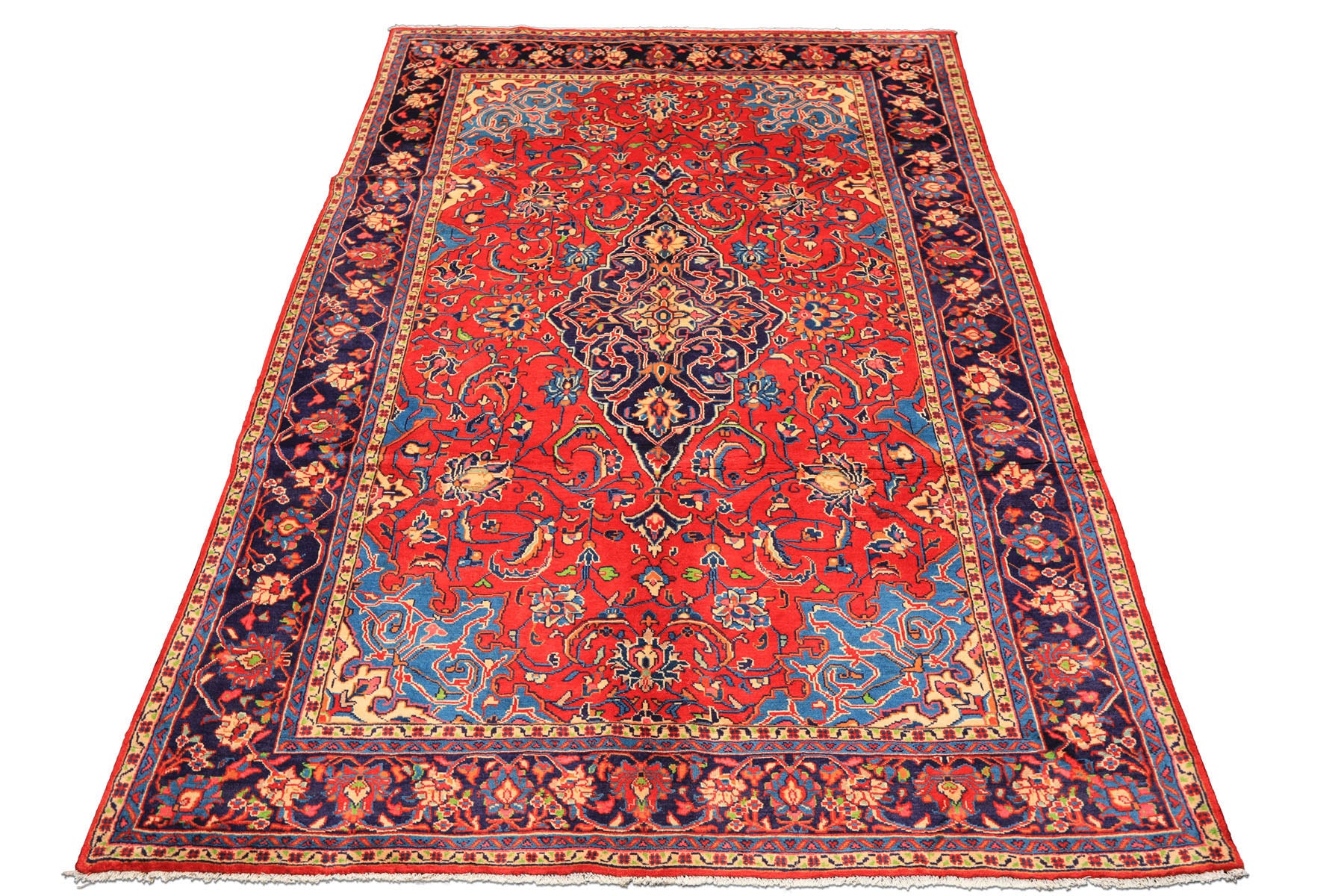 7x11 Red, Navy, Ivory Color Hand Knotted Sarouk Wool Traditional Oriental Rug