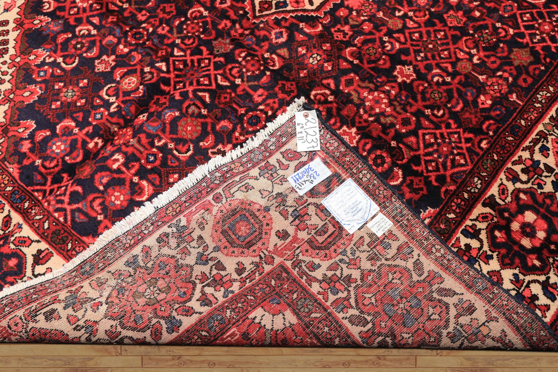 7x11 Midnight Blue, Ivory, Red Color Hand Knotted Hamadan Wool Traditional Oriental Rug