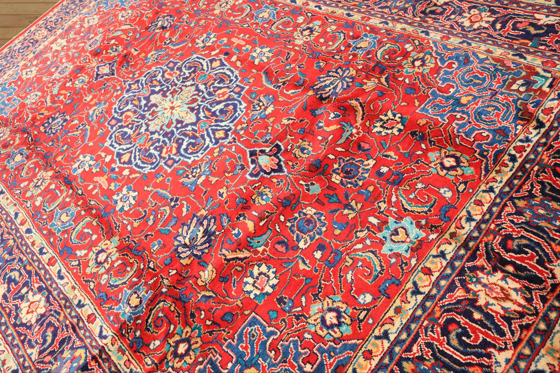 8x11 Red, Navy, Ivory Color Hand Knotted Sarouk Wool Traditional Oriental Rug