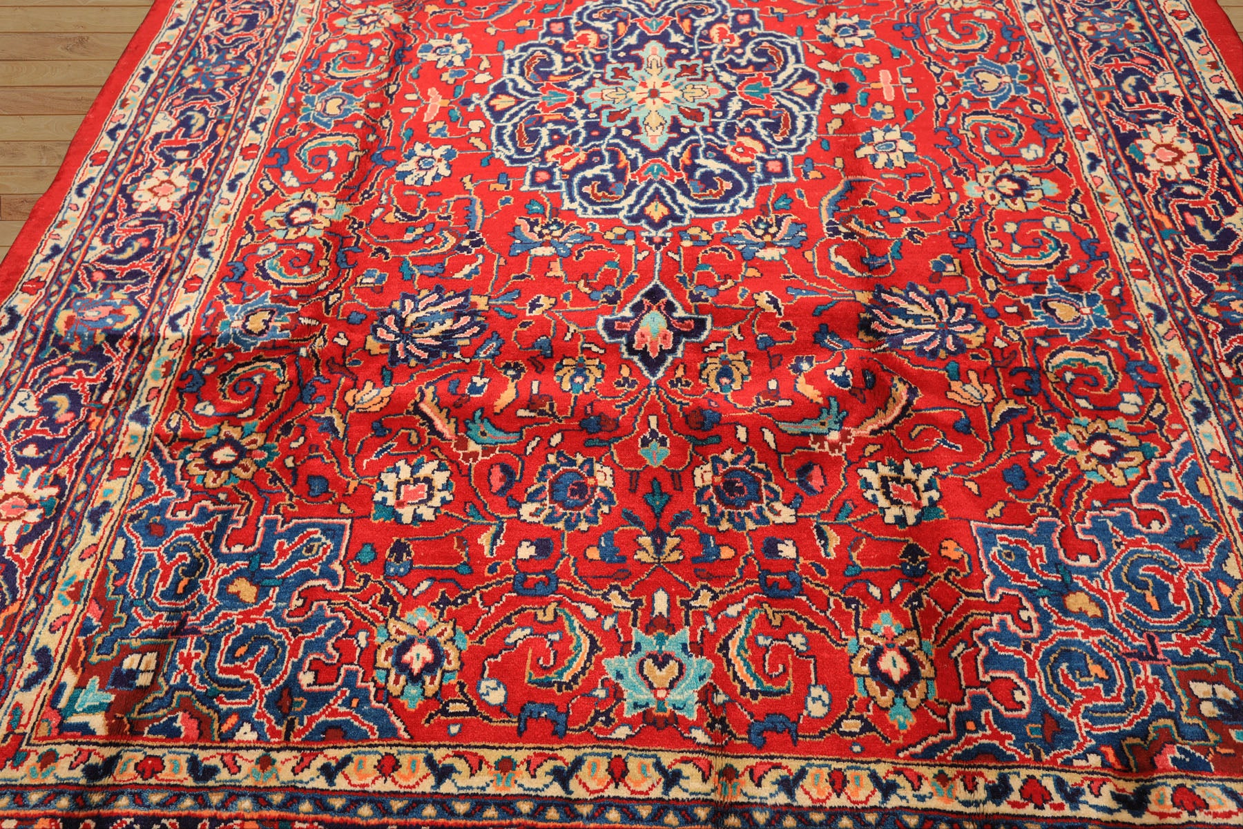 8x11 Red, Navy, Ivory Color Hand Knotted Sarouk Wool Traditional Oriental Rug